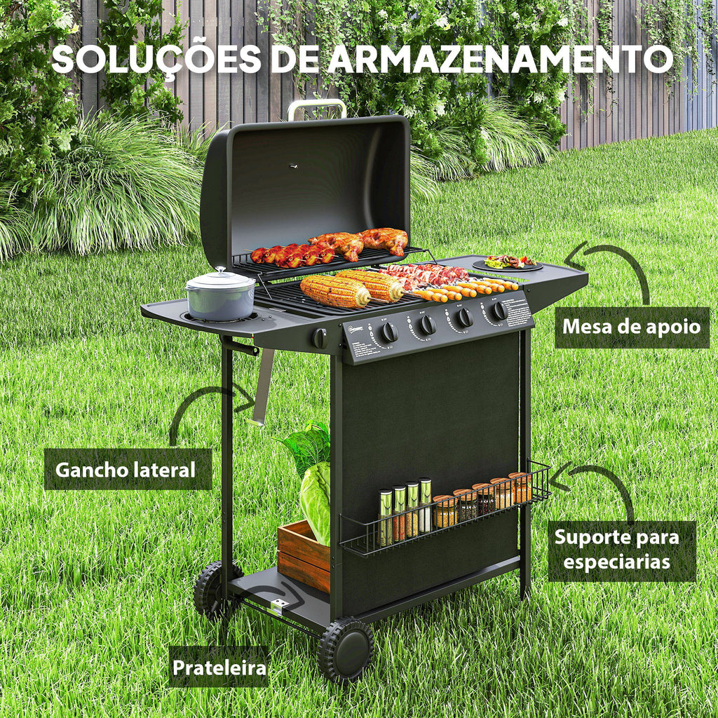Outsunny Barbecue a Gás 4+1 Queimadores 12 kW Preto
