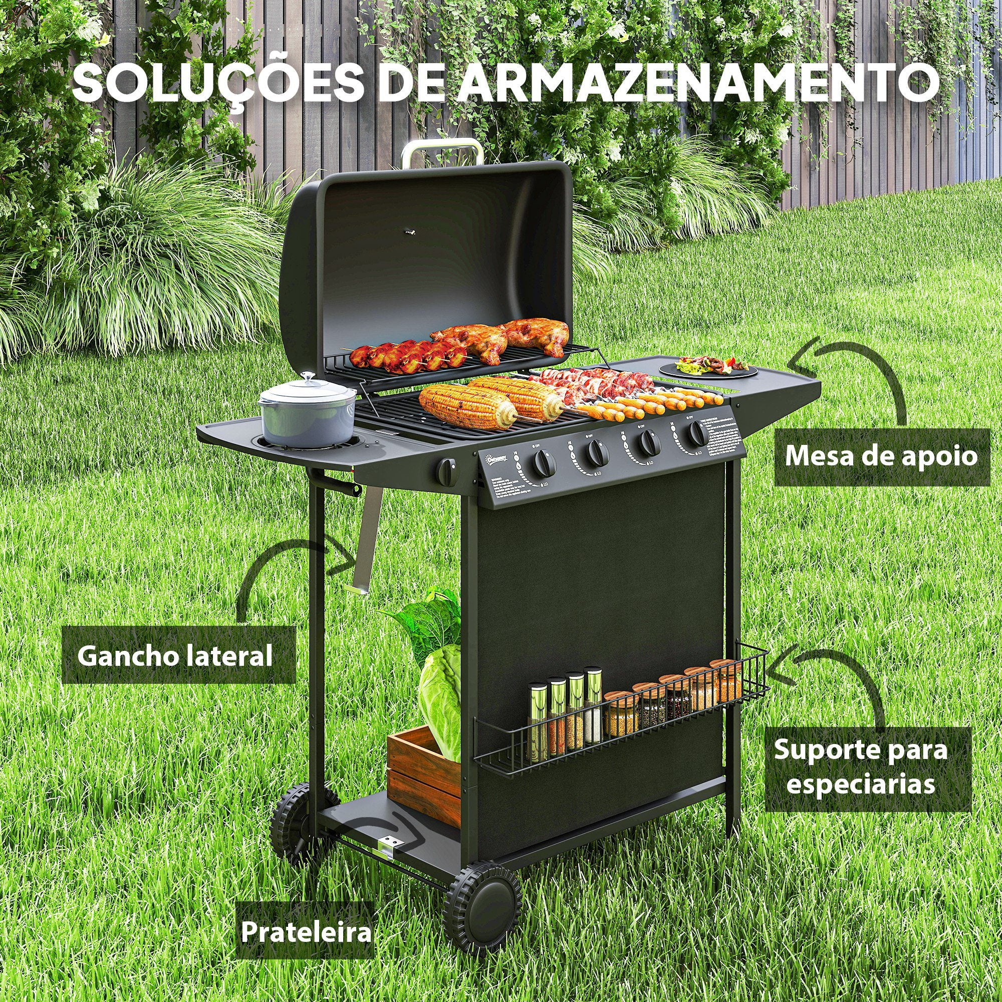 Outsunny Barbecue a Gás 4+1 Queimadores 12 kW Preto
