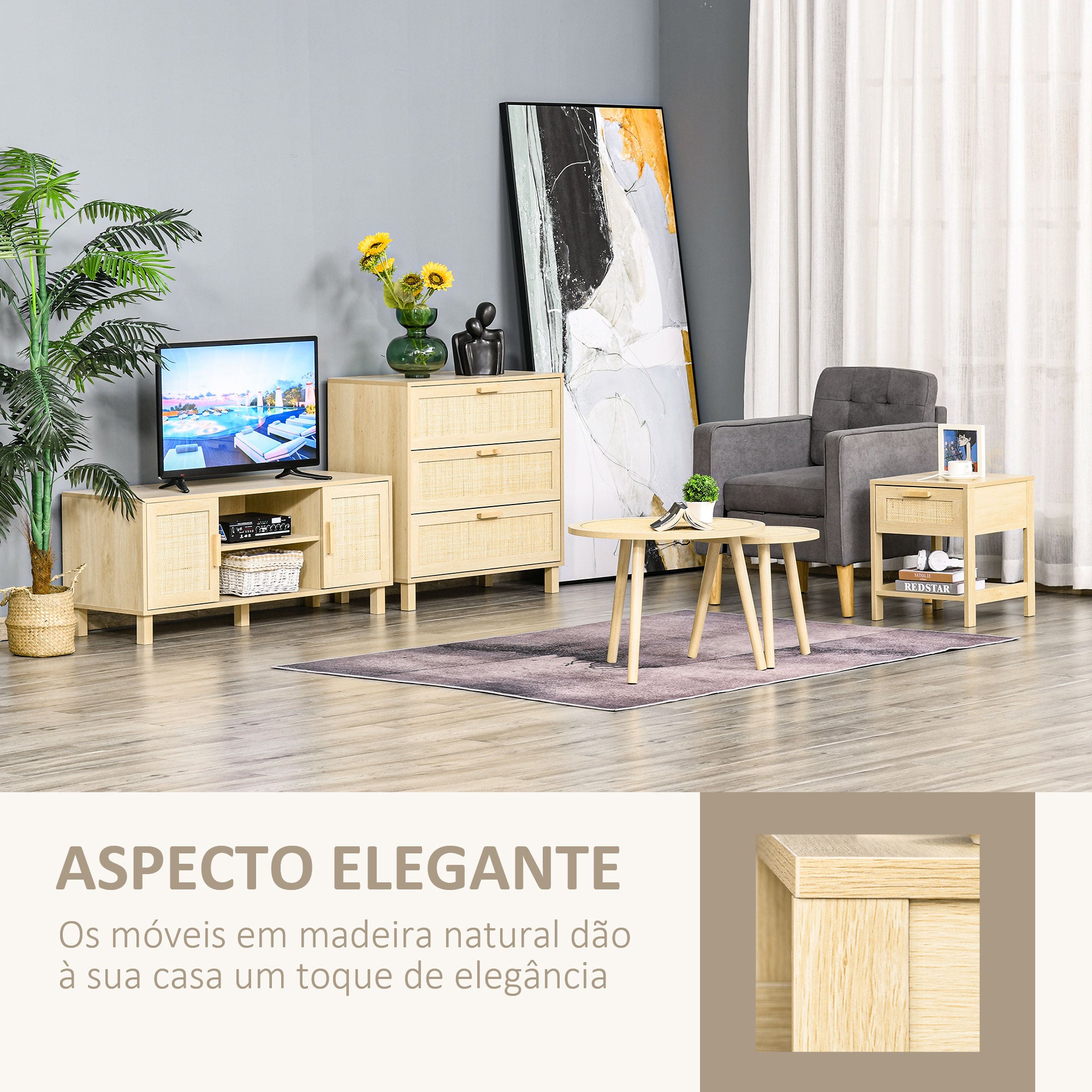 HOMCOM Mesa de Cabeceira com Gaveta em Vime, 40x40x48 cm