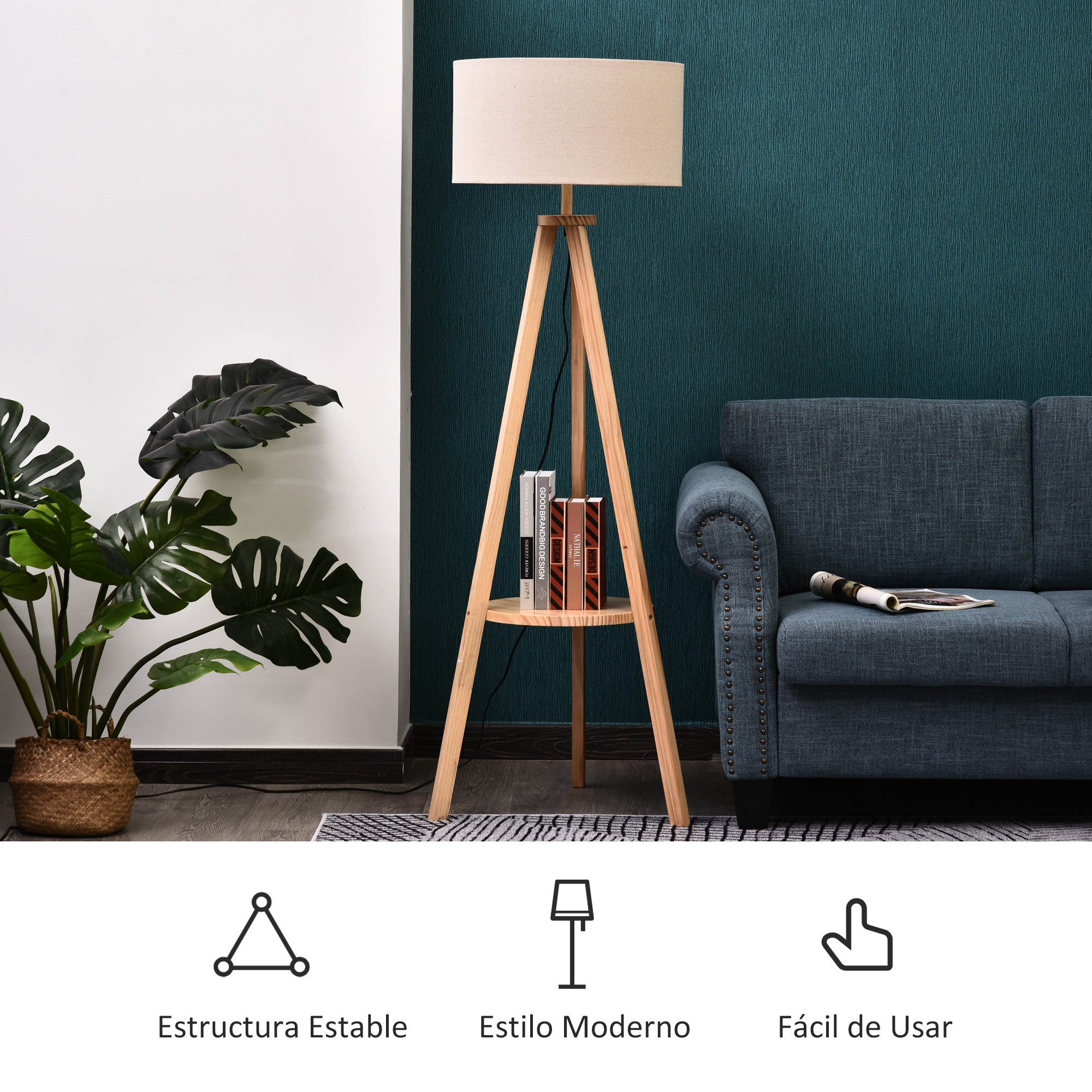 HOMCOM Candeeiro Pé Moderno Tripé Madeira 154cm