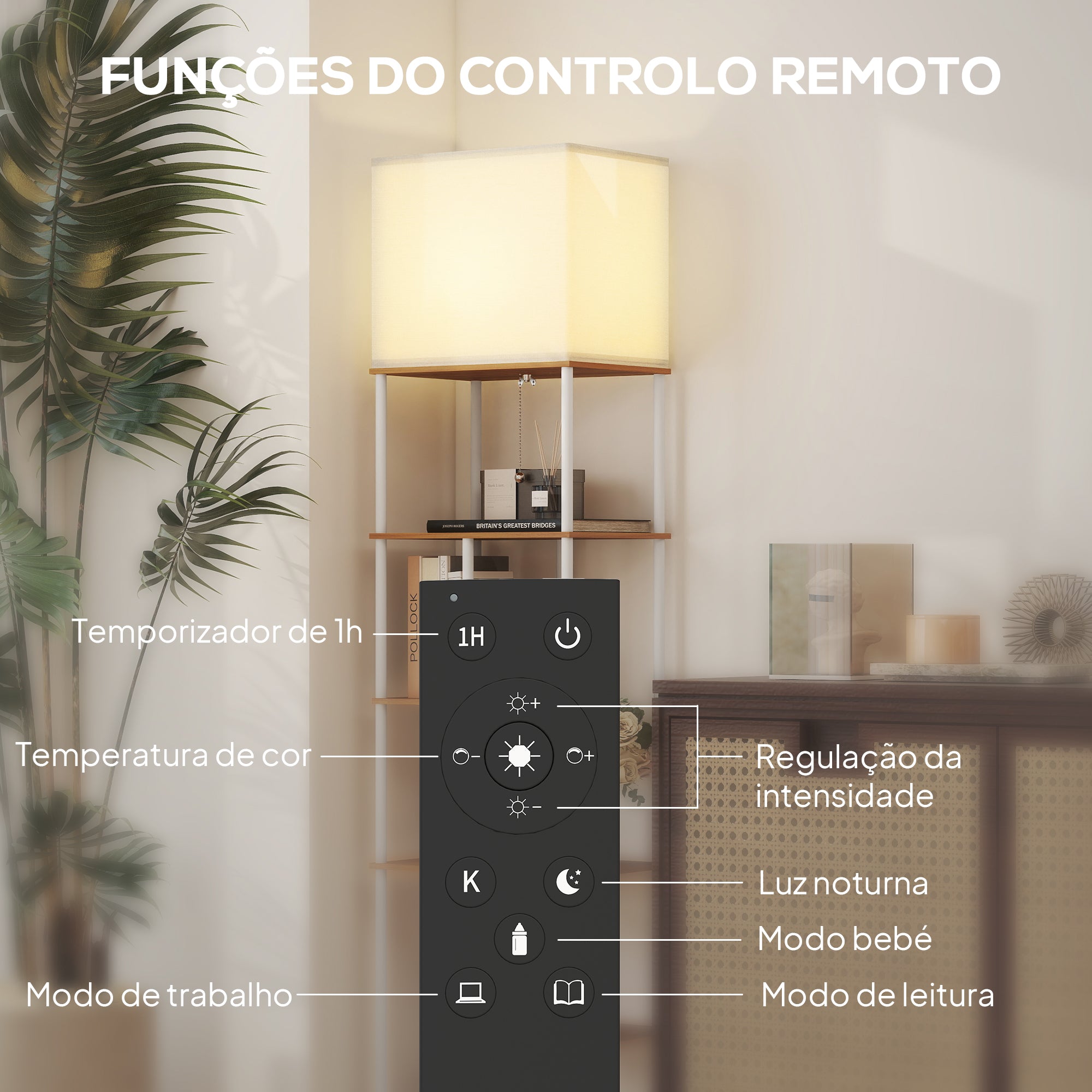 HOMCOM Candeeiro de Pé com Prateleiras, Brilho Ajustável, Branco e Madeira