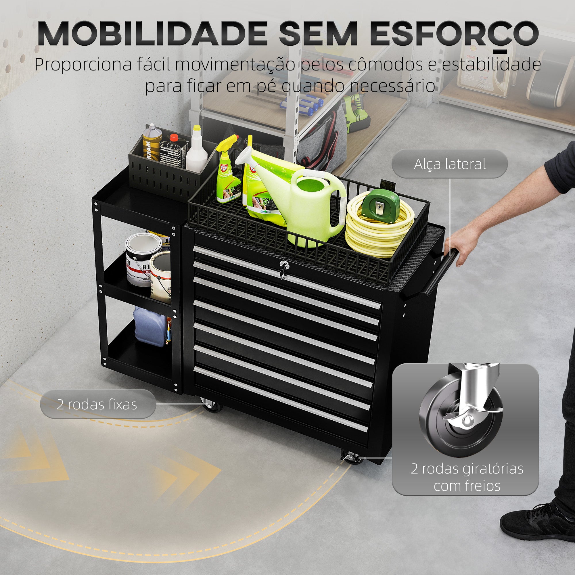 HOMCOM Carrinho de Ferramentas, 7 Gavetas, 3 Níveis, Preto