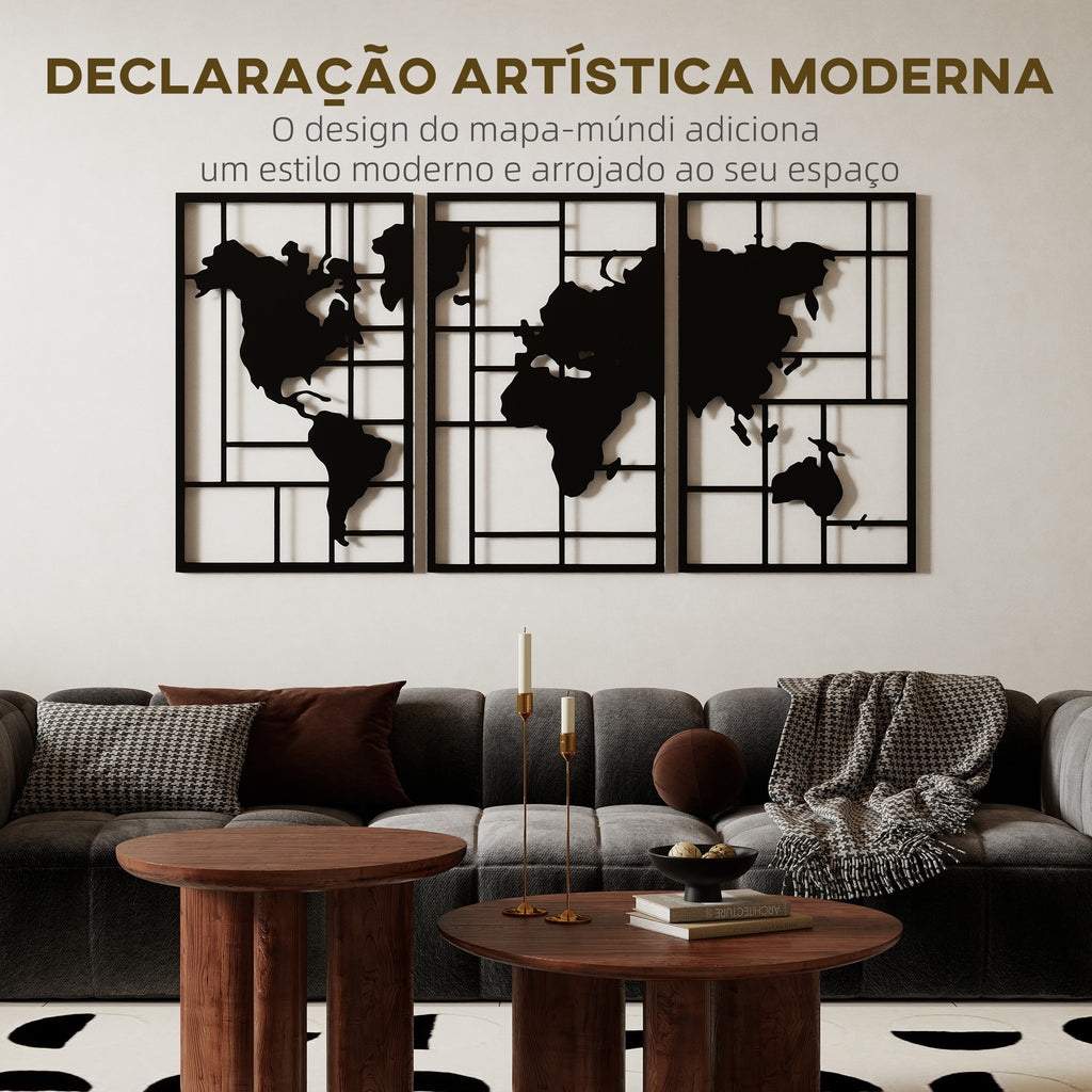 HOMCOM Mapa Múndi Metal Decoração de Parede 3 Peças Preto
