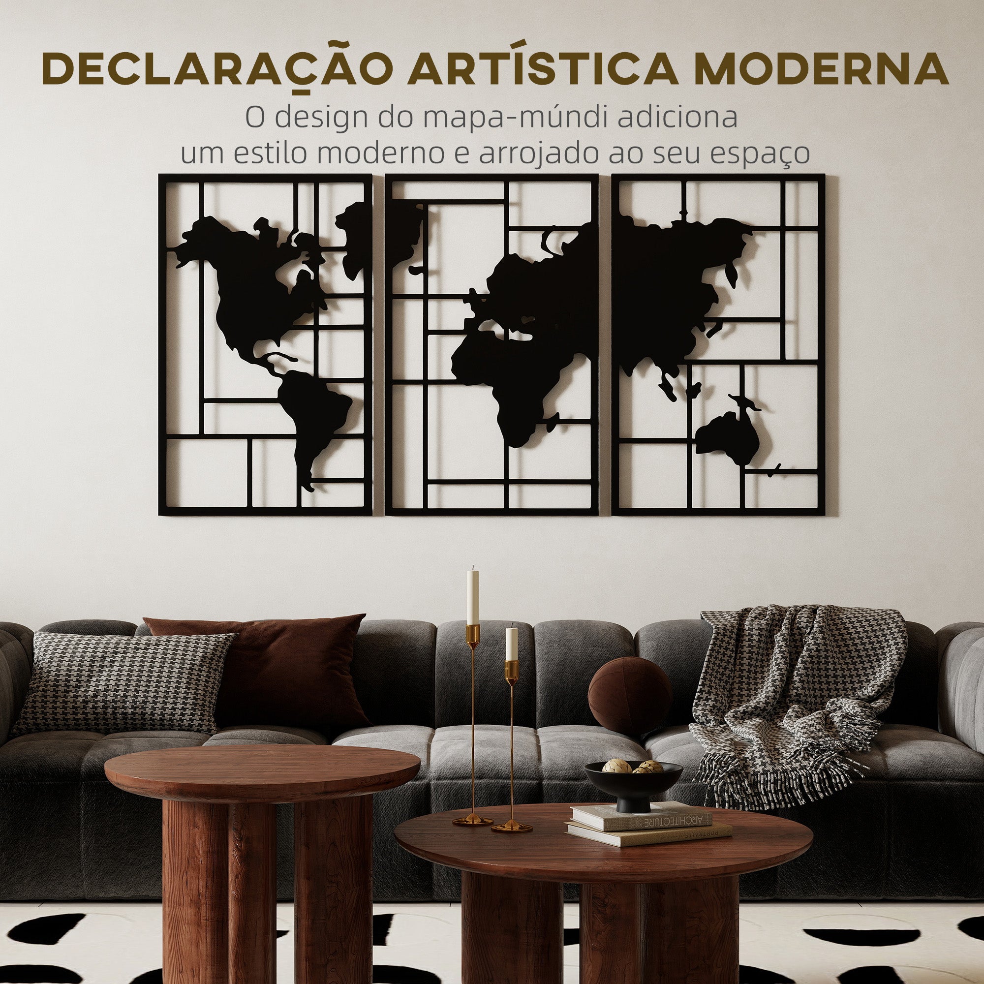HOMCOM Mapa Múndi Metal Decoração de Parede 3 Peças Preto