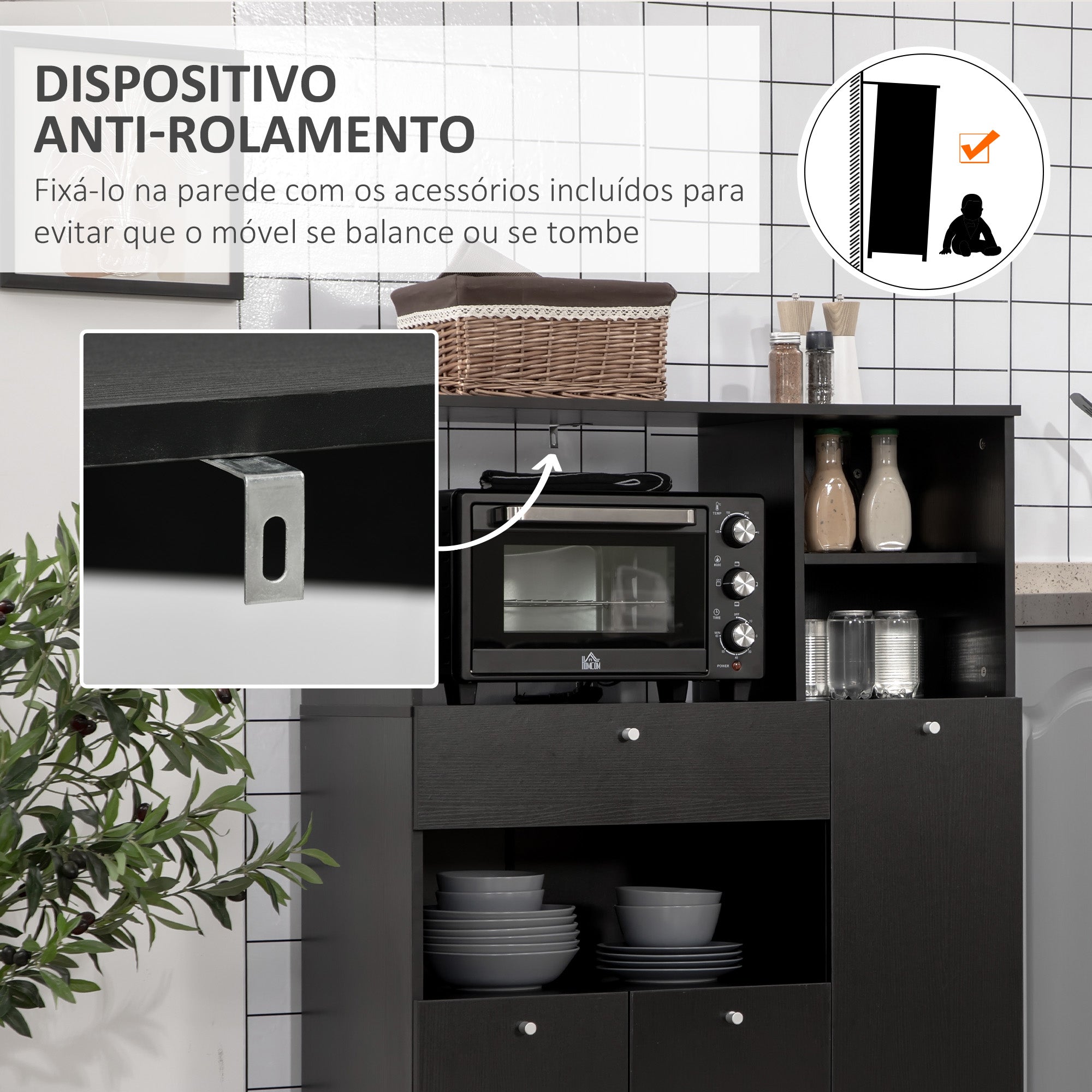 HOMCOM Aparador de Cozinha para Micro-ondas 90x40x120 cm Preto