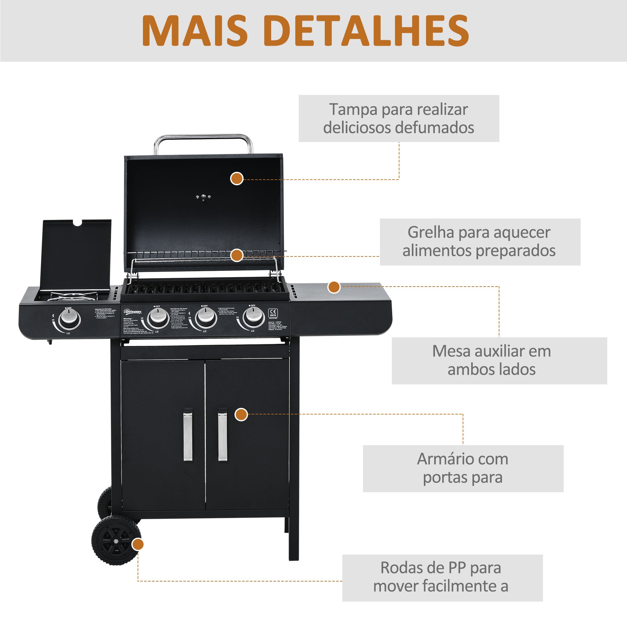 Churrasqueira a Gás Outsunny 3+1 Queimadores 11,6KW Com Armário