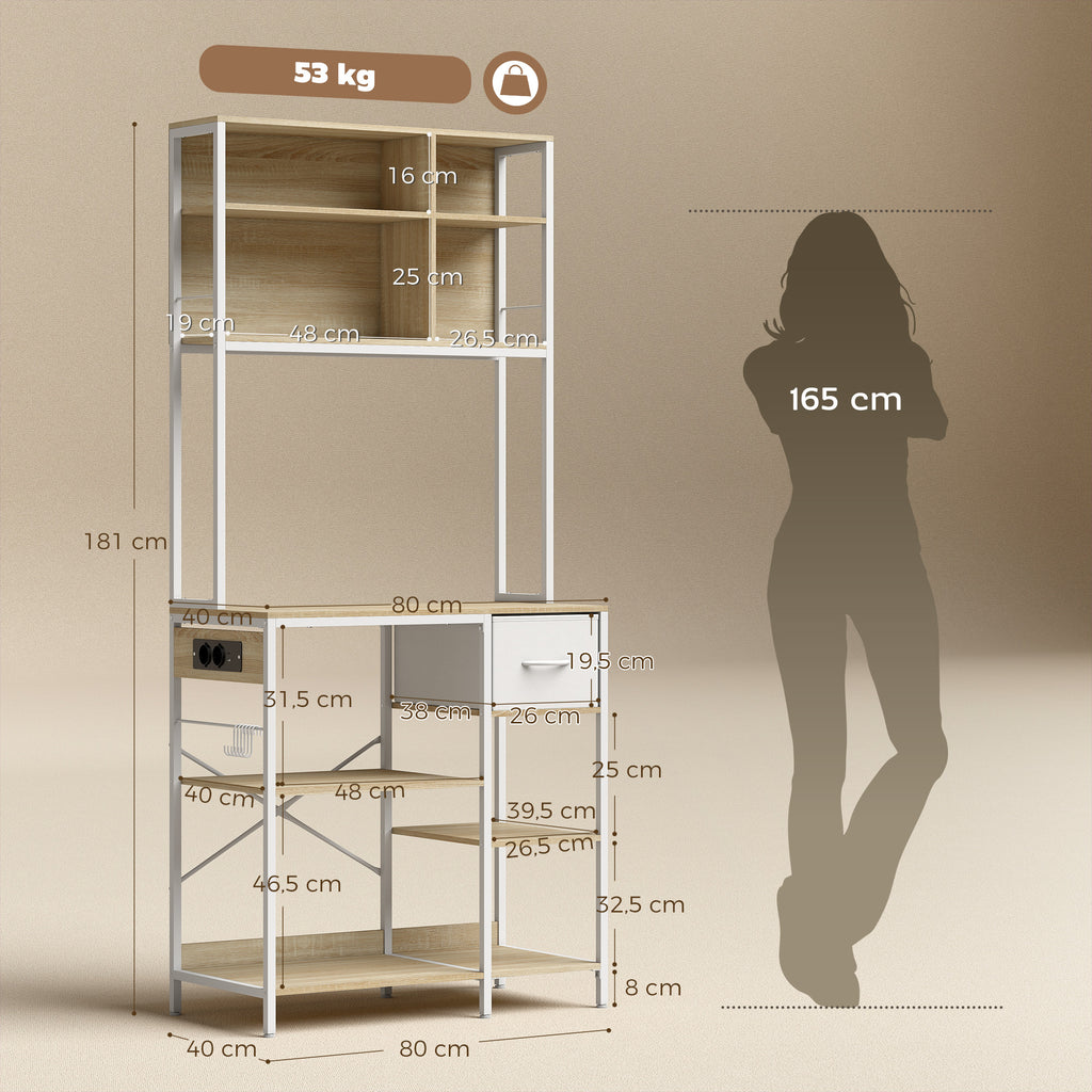 HOMCOM Estante de Cozinha com Suporte para Micro-ondas, 80x40x181 cm, Carvalho