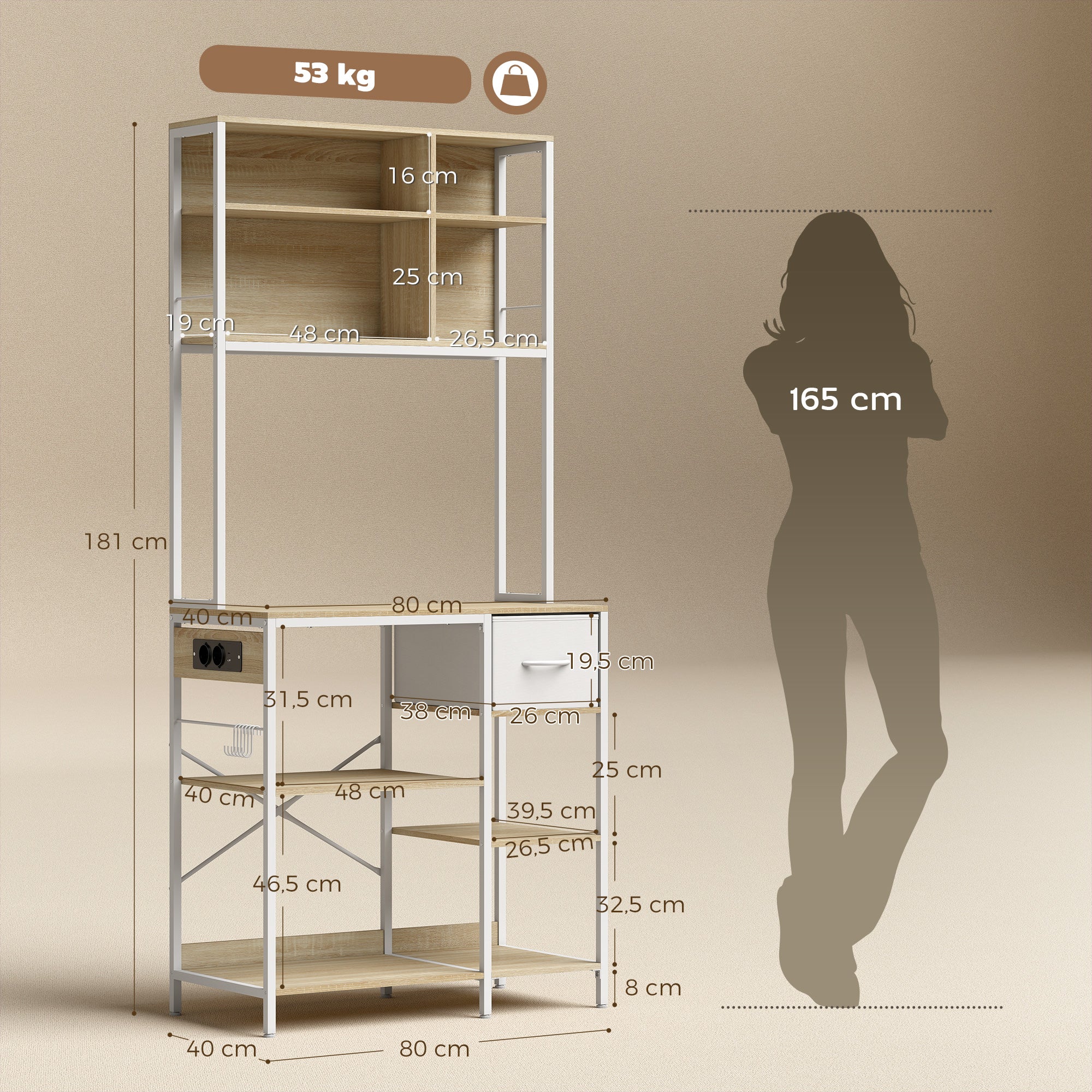 HOMCOM Estante de Cozinha com Suporte para Micro-ondas, 80x40x181 cm, Carvalho