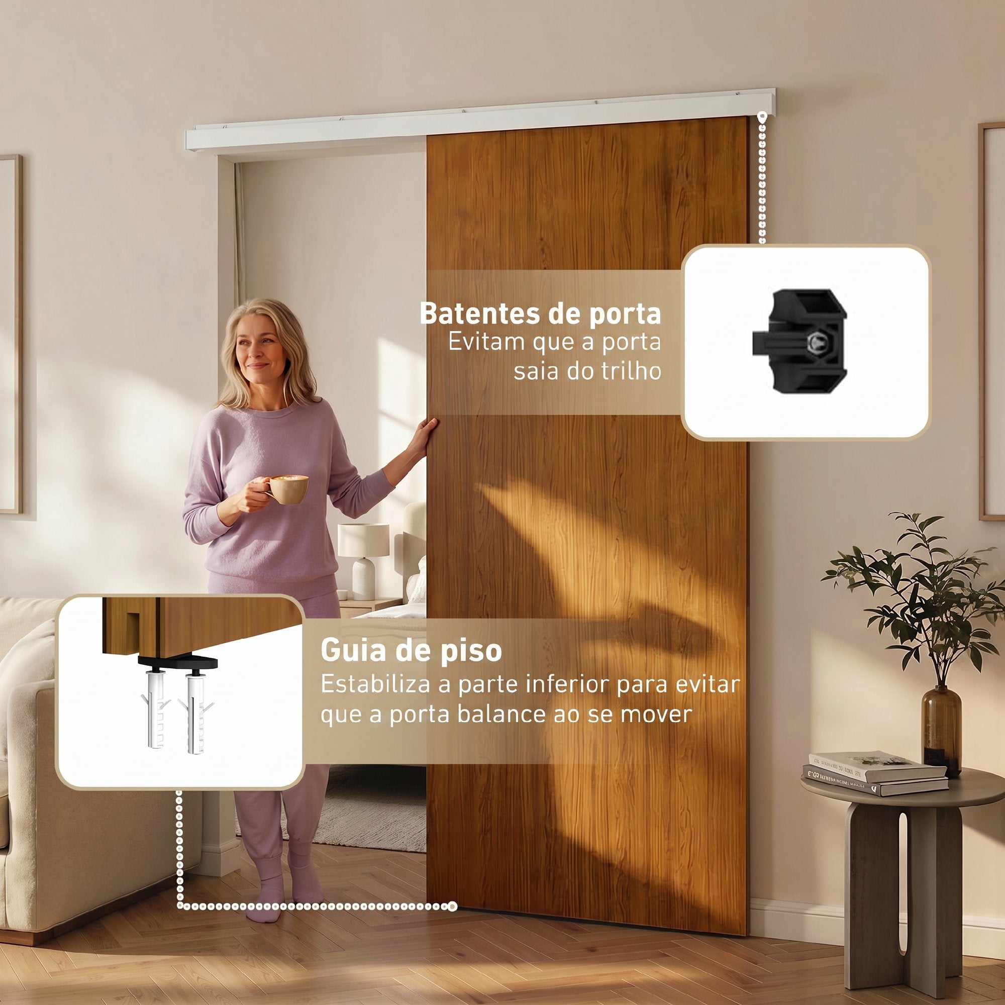 Porta de Correr HOMCOM 90x210 cm com Trilho e Ferragens, Castanho