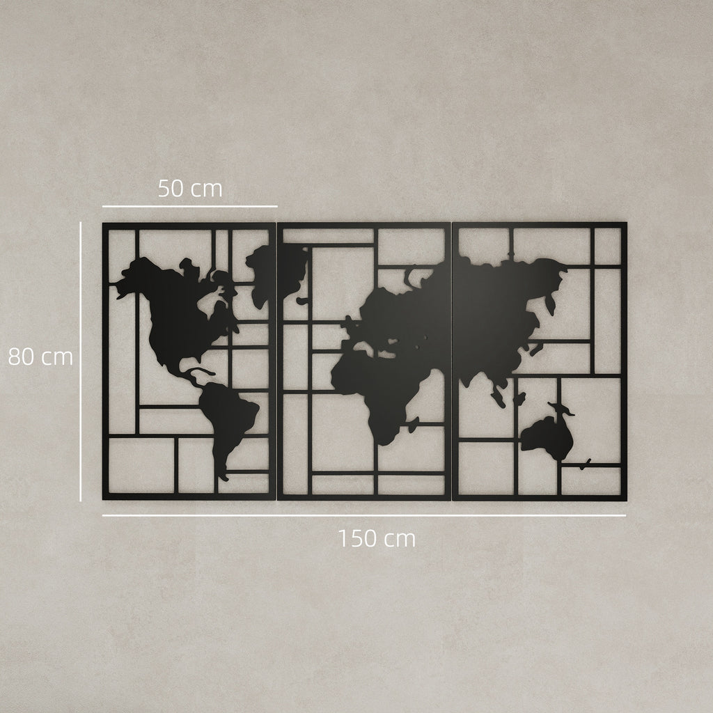 HOMCOM Mapa Múndi Metal Decoração de Parede 3 Peças Preto