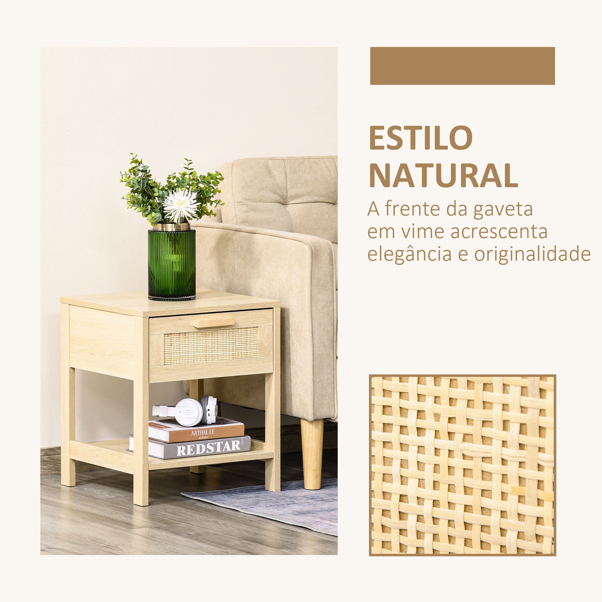 HOMCOM Mesa de Cabeceira com Gaveta em Vime, 40x40x48 cm