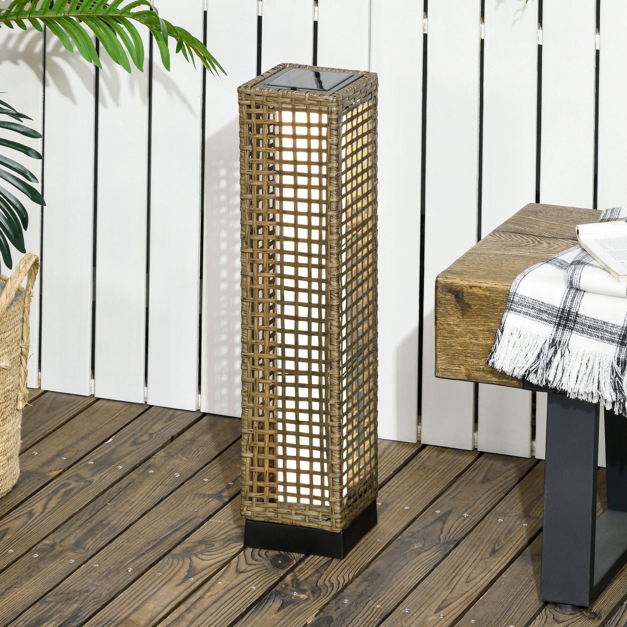 Outsunny Candeeiro Solar de Vime LED, 15,5x15,5x69cm, Marrom Areia