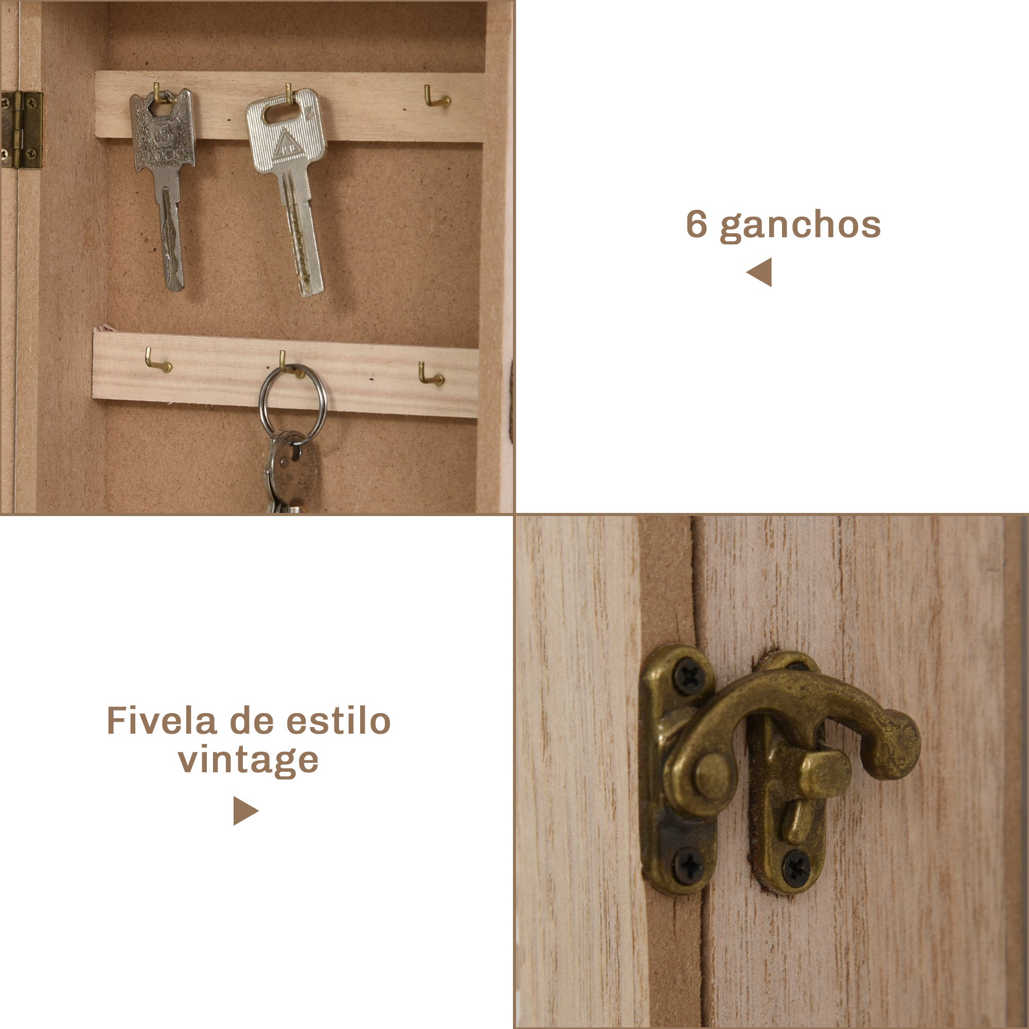 HOMCOM Armário de Chaves de Parede, Estilo Vintage com 6 Ganchos