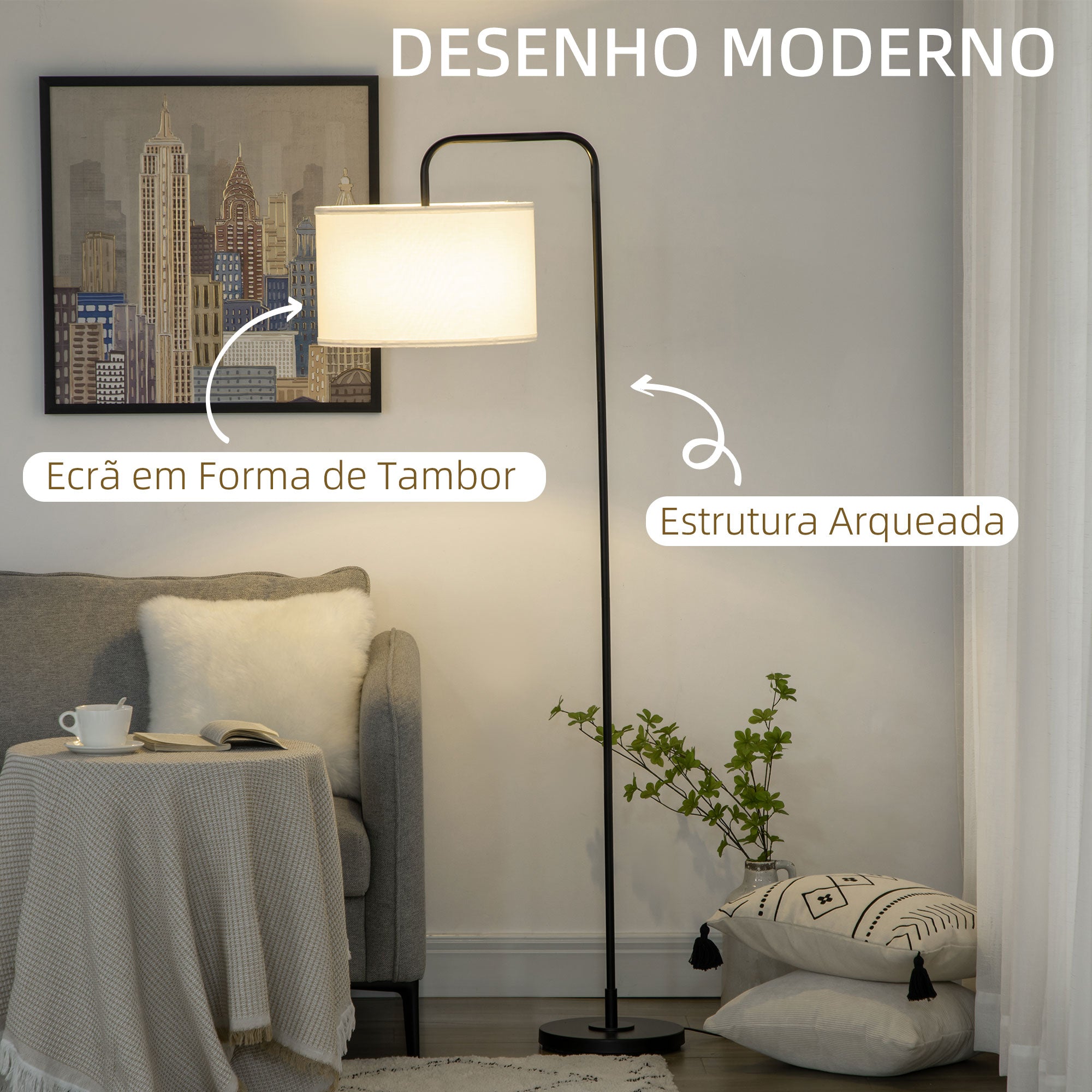 HOMCOM Candeeiro de Pé Moderno com Ecrã de Linho, Branco e Preto