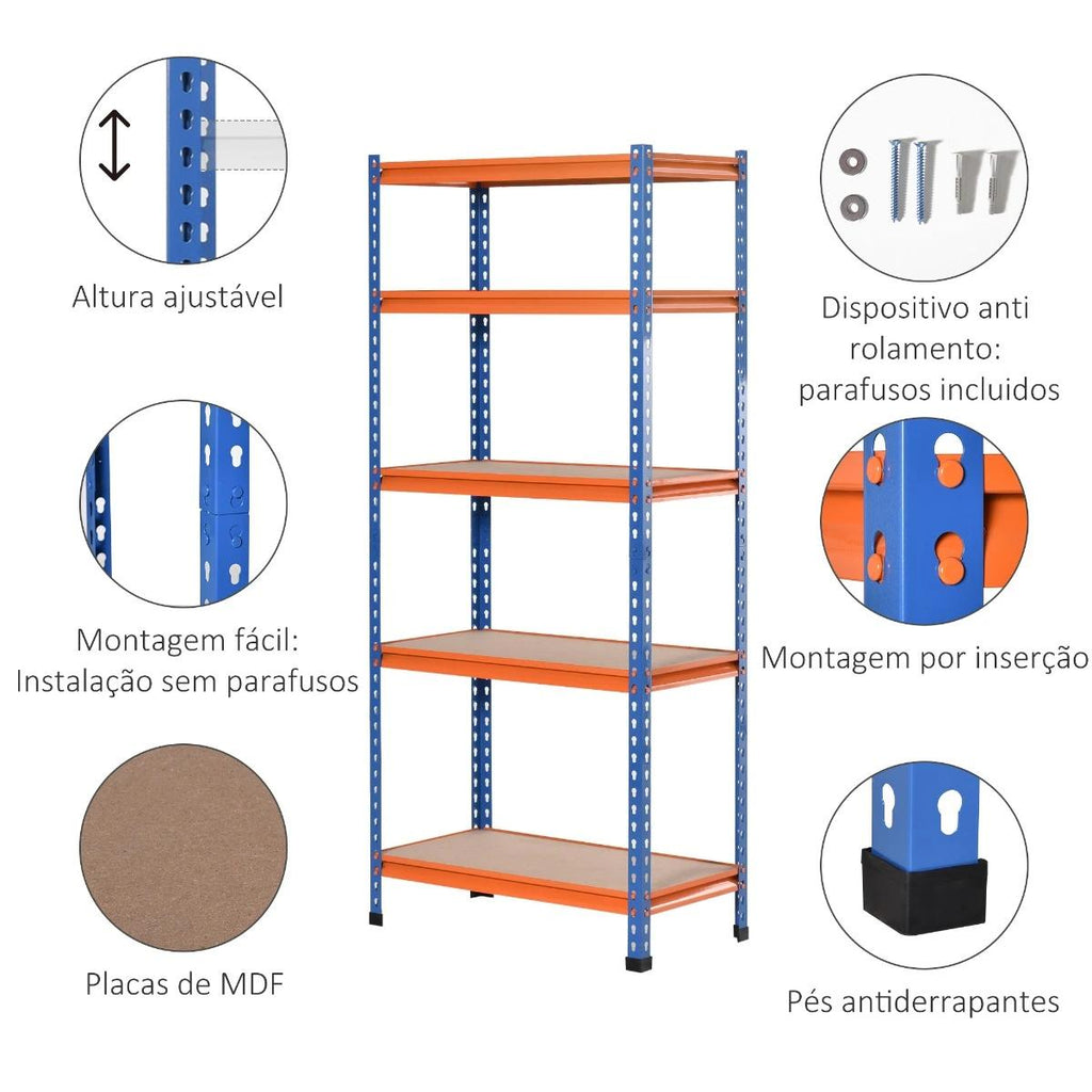 HOMCOM Estante Metálica 5 Prateleiras 182cm, Armazenamento Industrial Azul Laranja