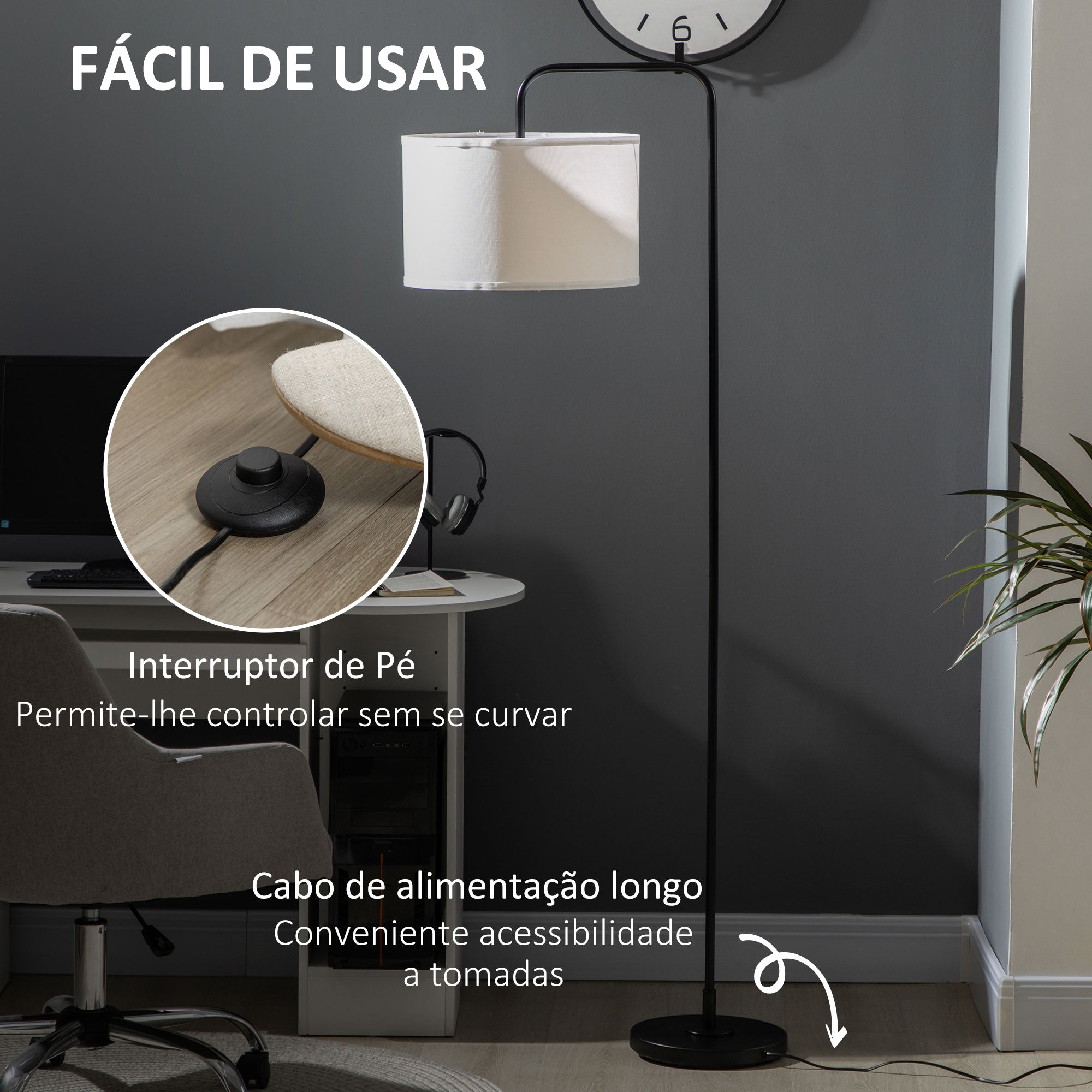 HOMCOM Candeeiro de Pé Moderno com Ecrã de Linho, Branco e Preto