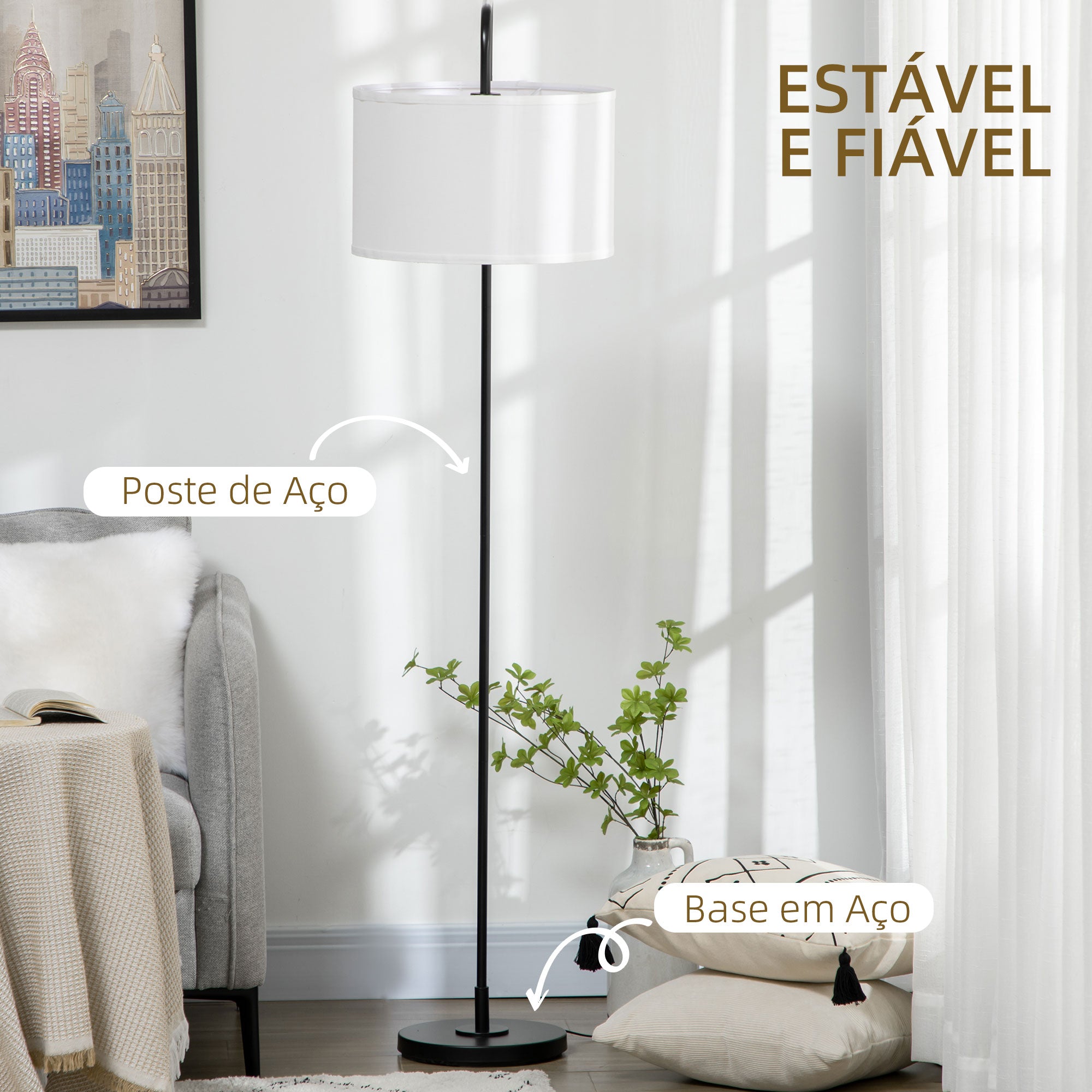 HOMCOM Candeeiro de Pé Moderno com Ecrã de Linho, Branco e Preto
