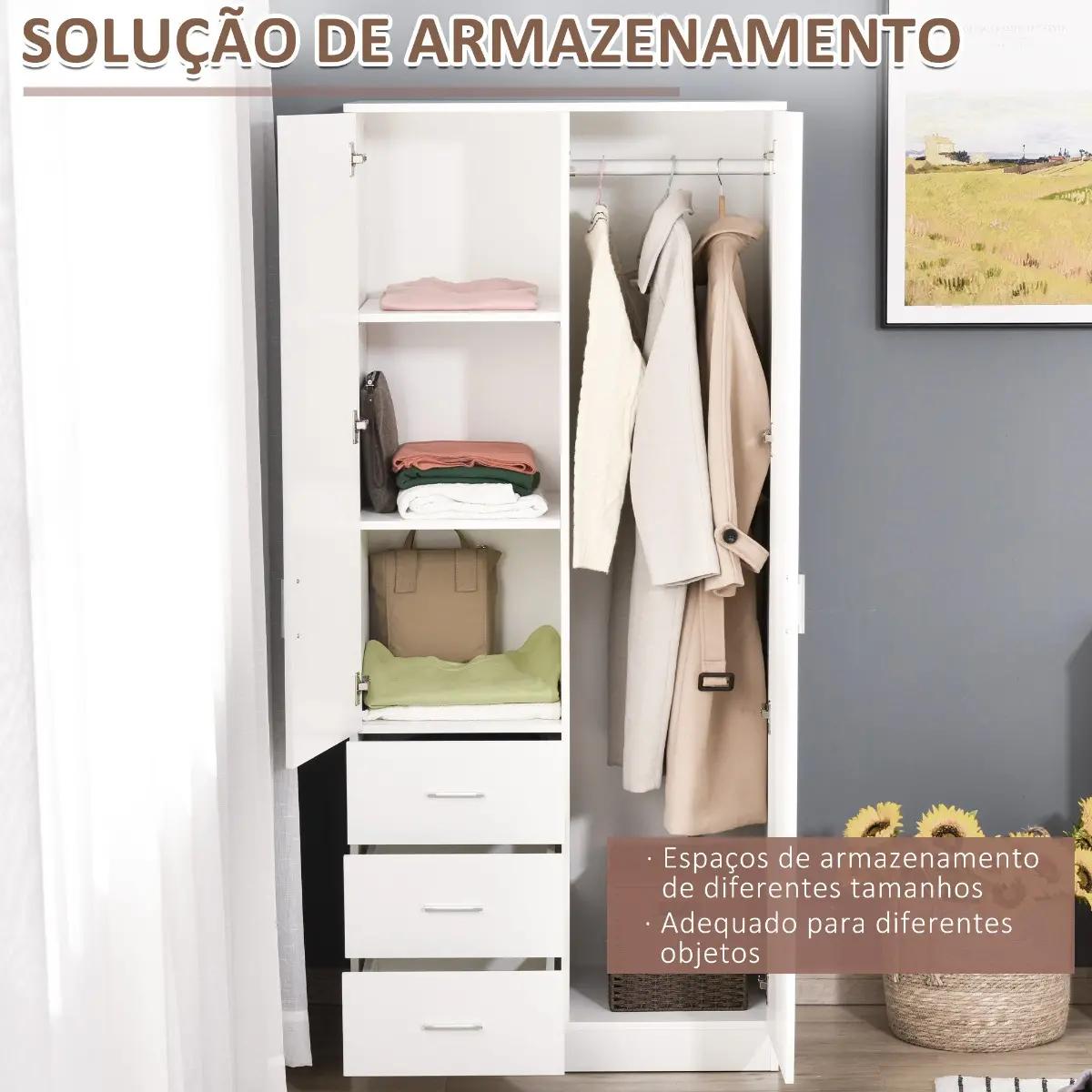 HOMCOM Roupeiro 2 Portas com Espelho, 3 Gavetas, 80x50x180cm, Branco
