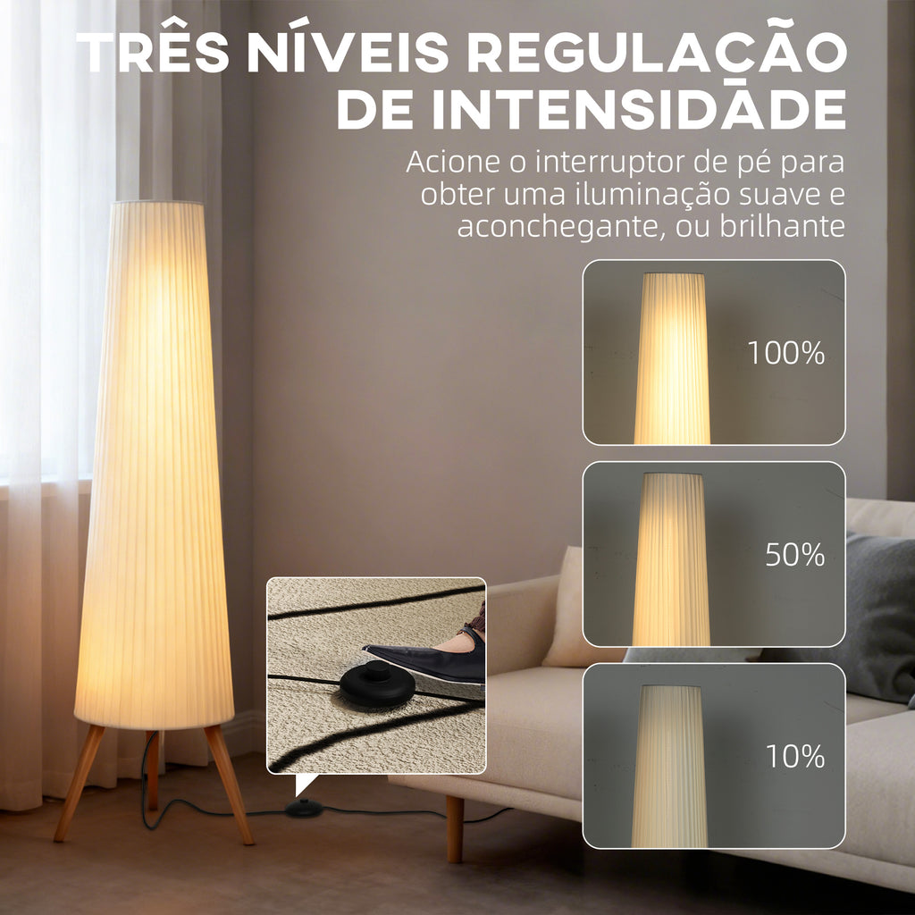 HOMCOM Candeeiro de Pé com Tripé, Madeira e Tecido, 153 cm