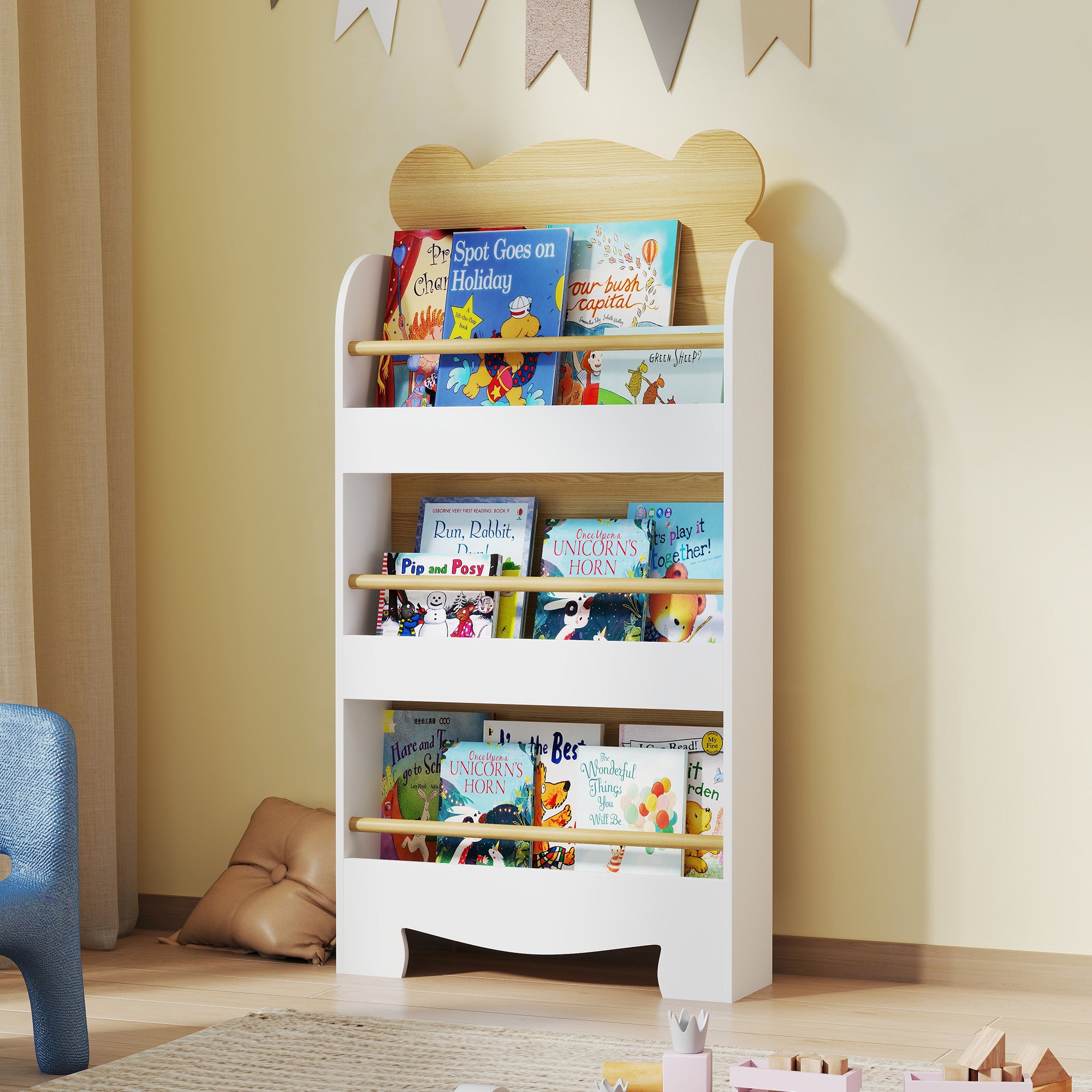 Aiyaplay Estante Infantil para Livros Desenho de Ursinho 3 Níveis