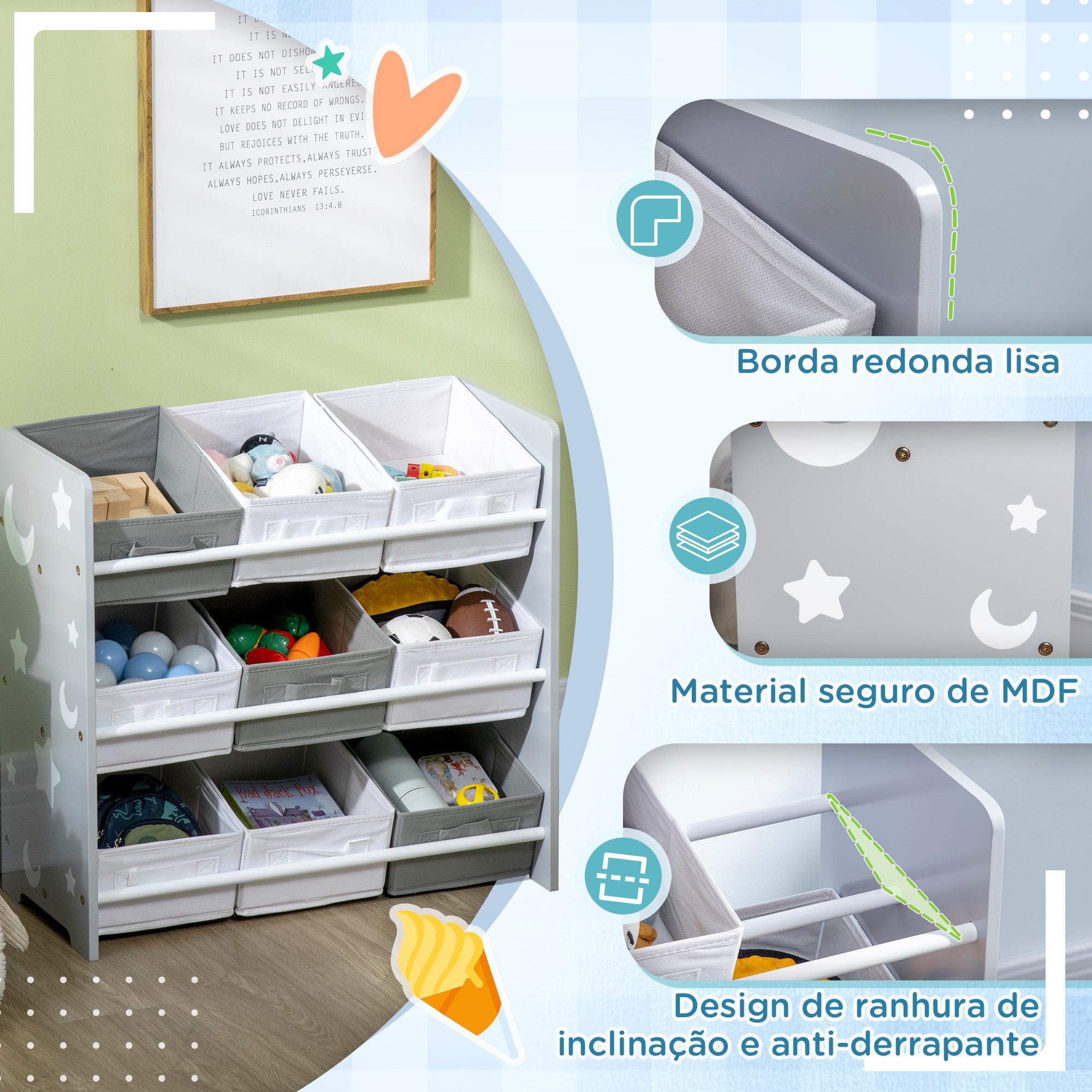 ZONEKIZ Estante para Brinquedos 9 Caixas, Organizador Infantil, 63x30x60 cm