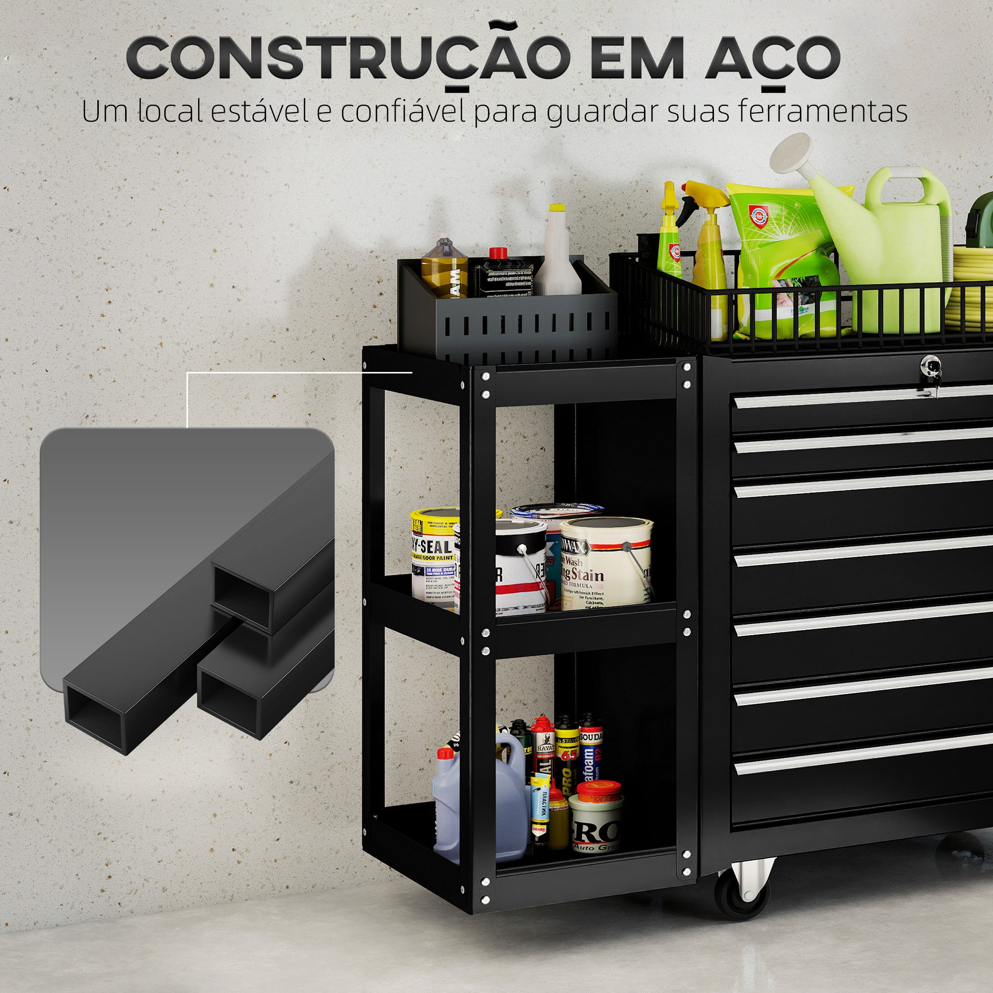 HOMCOM Carrinho de Ferramentas, 7 Gavetas, 3 Níveis, Preto