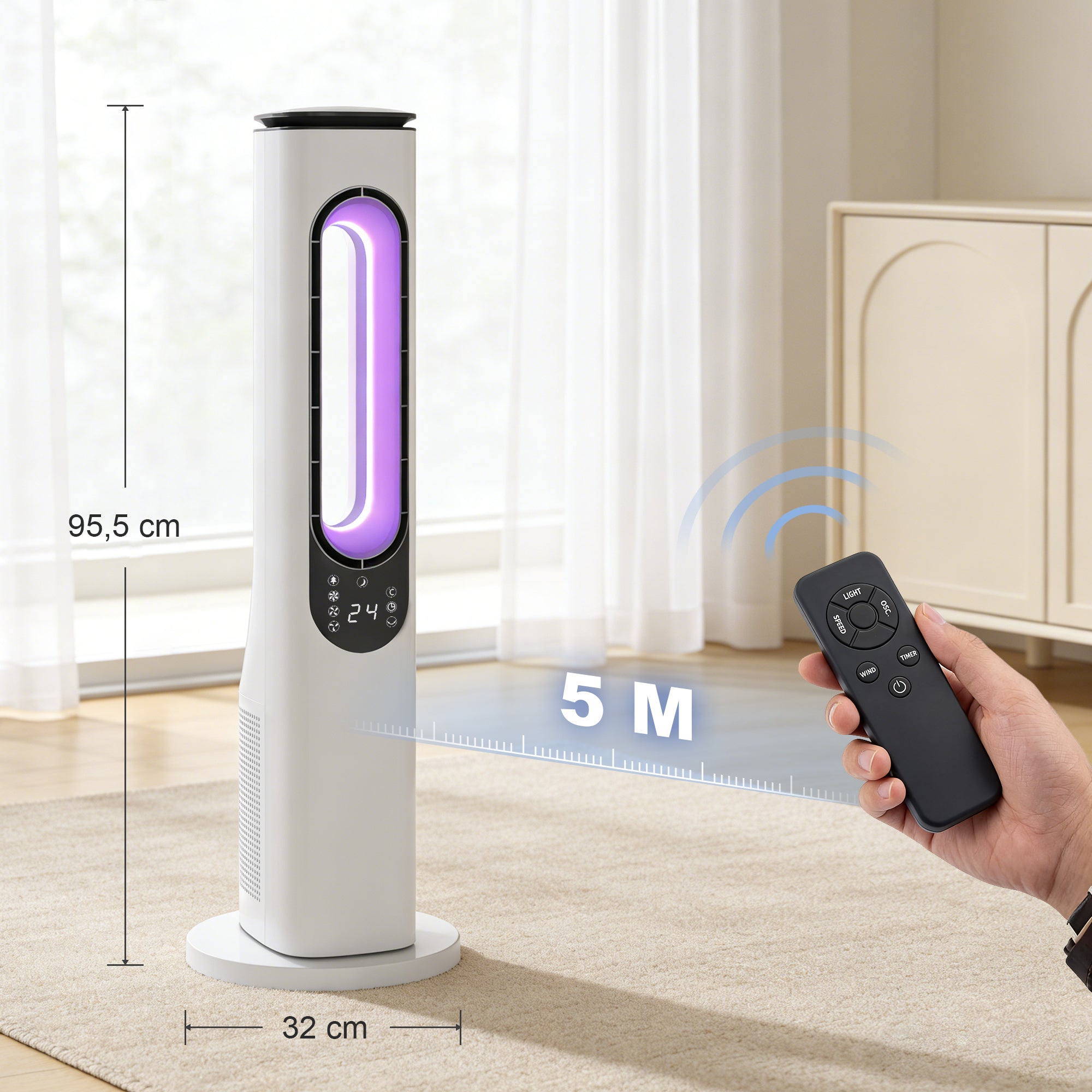 HOMCOM Ventilador de Torre Sem Pás LED Controlo Remoto Branco