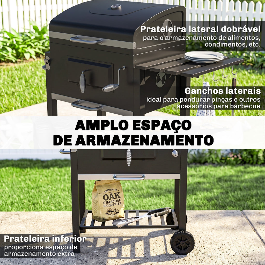Outsunny Churrasqueira a Carvão com Rodas e Termômetro, 113x65x108 cm