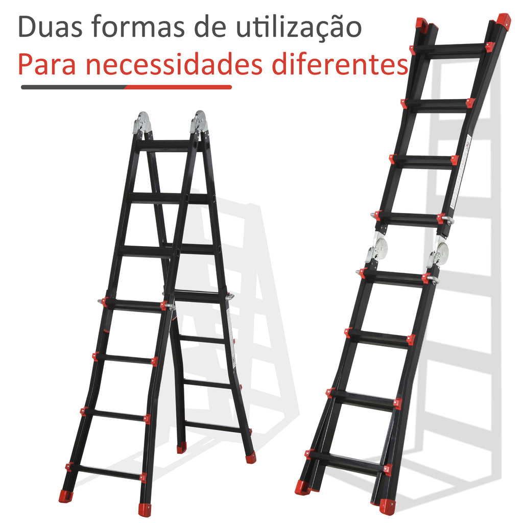 HOMCOM Escada Telescópica de Alumínio 4m Dobrável Preto e Vermelho