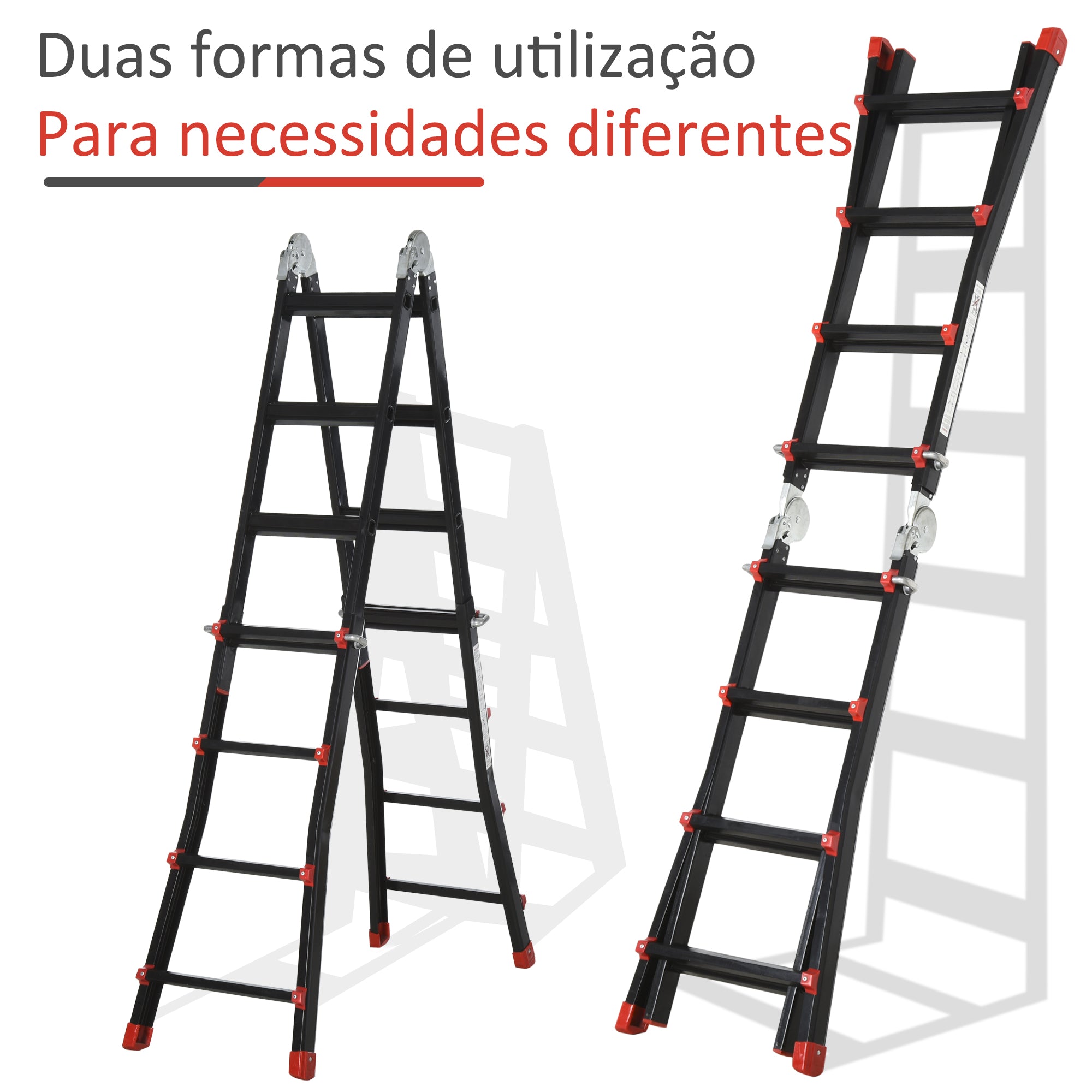 HOMCOM Escada Telescópica de Alumínio 4m Dobrável Preto e Vermelho