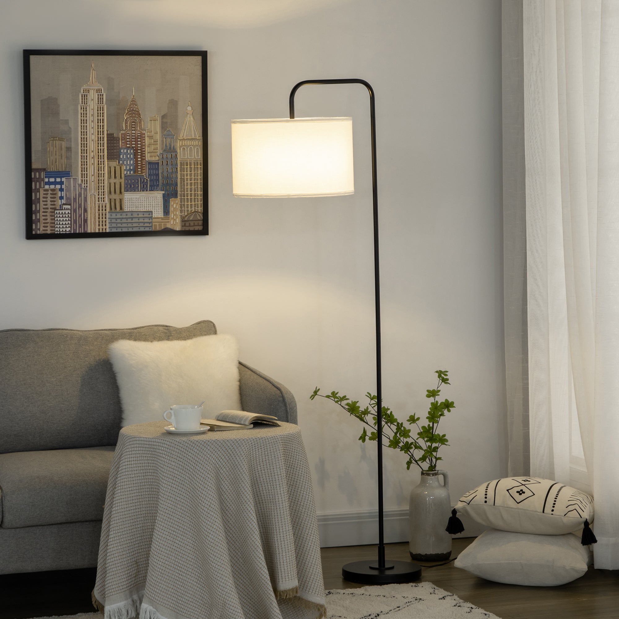 HOMCOM Candeeiro de Pé Moderno com Ecrã de Linho, Branco e Preto