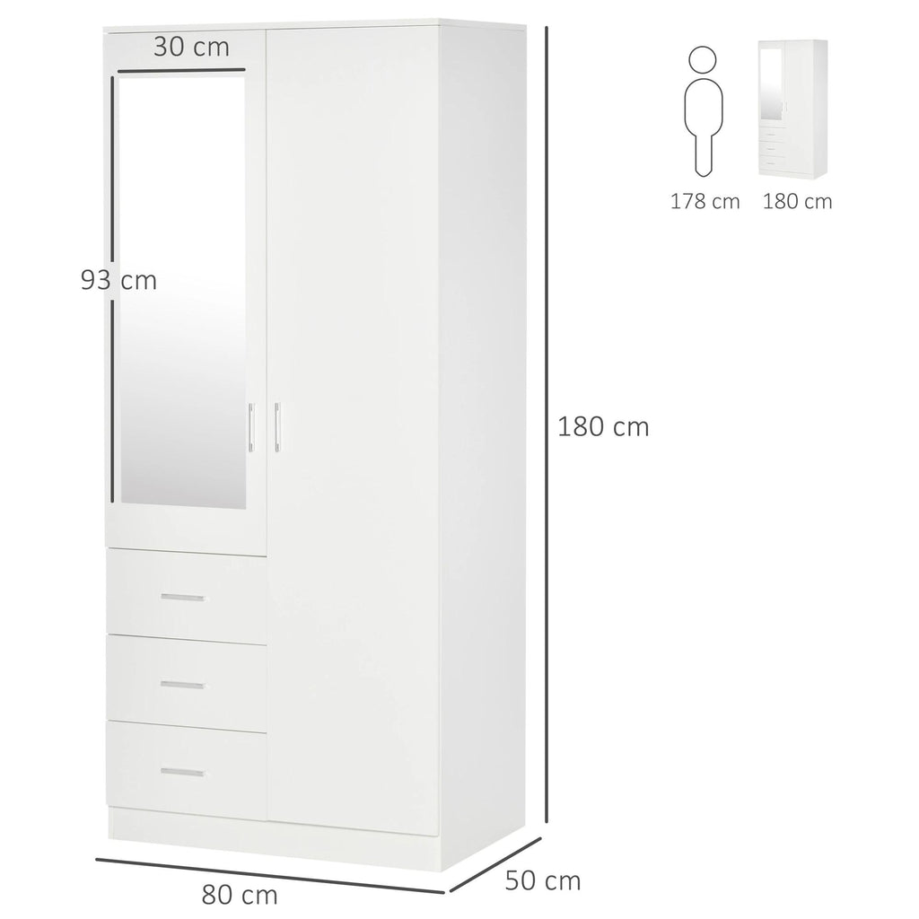 HOMCOM Roupeiro 2 Portas com Espelho, 3 Gavetas, 80x50x180cm, Branco