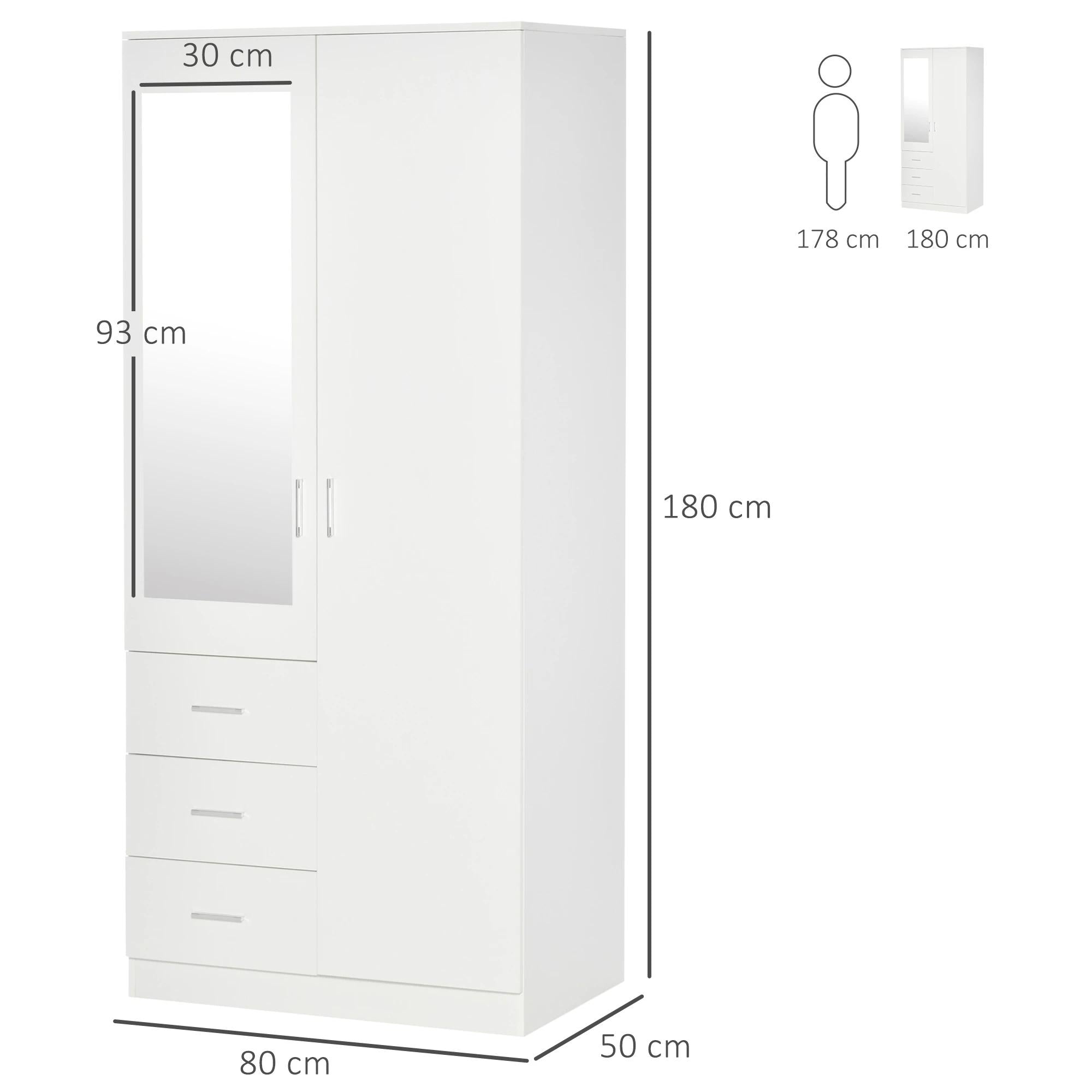HOMCOM Roupeiro 2 Portas com Espelho, 3 Gavetas, 80x50x180cm, Branco