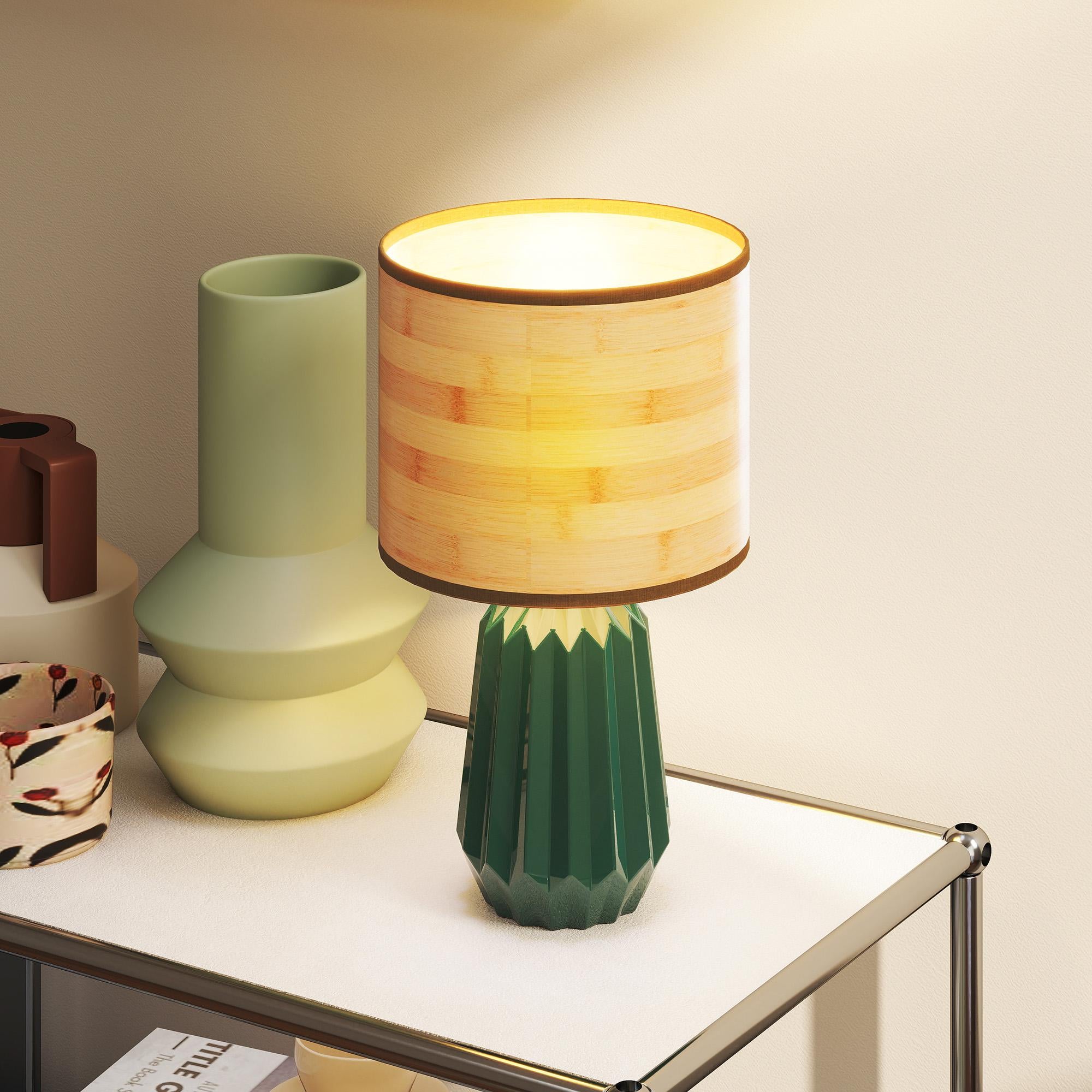 HOMCOM Candeeiro de Mesa Retro com Base Cerâmica e Ecrã Linho Verde