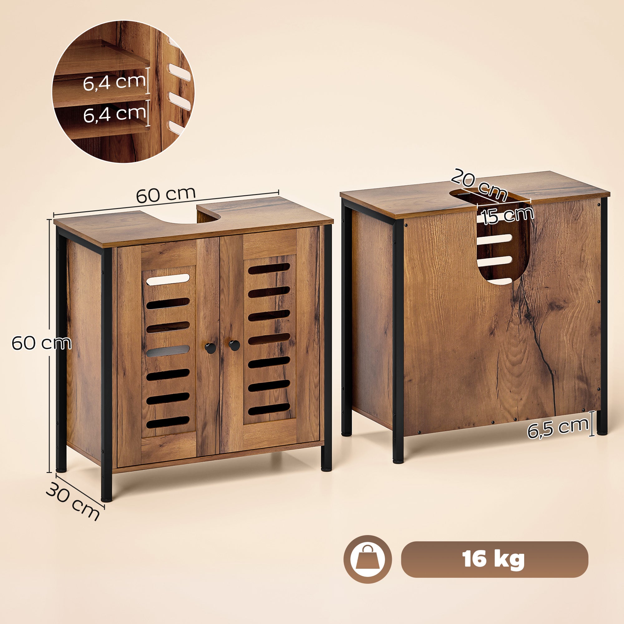 Móvel para Lavatório HOMCOM, 2 Portas Ripadas, 60x30x60 cm, Castanho Rústico