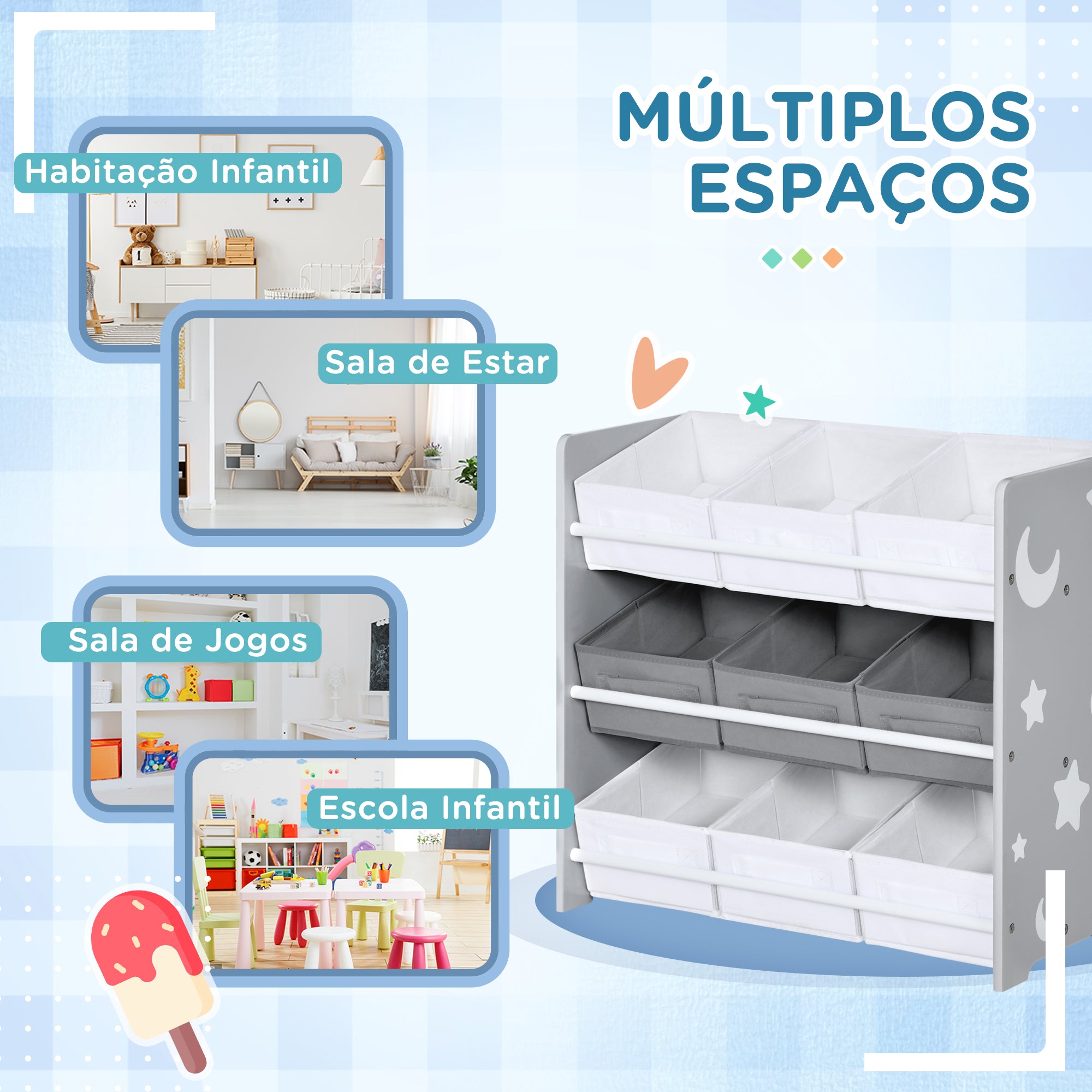 ZONEKIZ Estante para Brinquedos 9 Caixas, Organizador Infantil, 63x30x60 cm