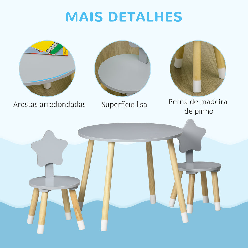 Conjunto de Mesa e 2 Cadeiras Infantis de Madeira Cinza