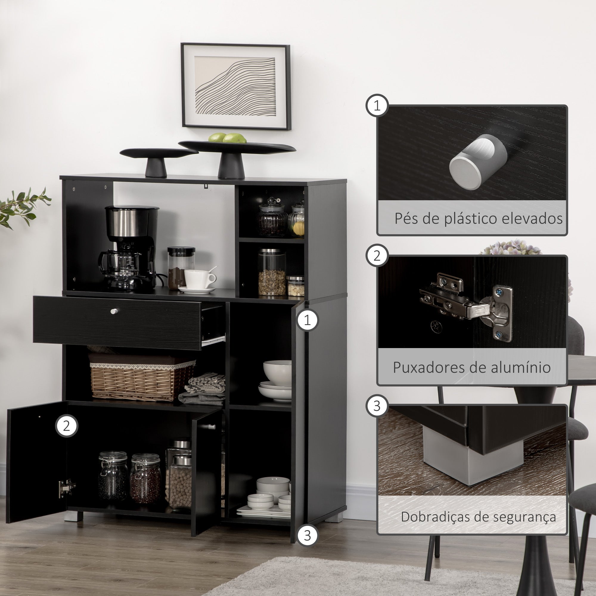 HOMCOM Aparador de Cozinha para Micro-ondas 90x40x120 cm Preto
