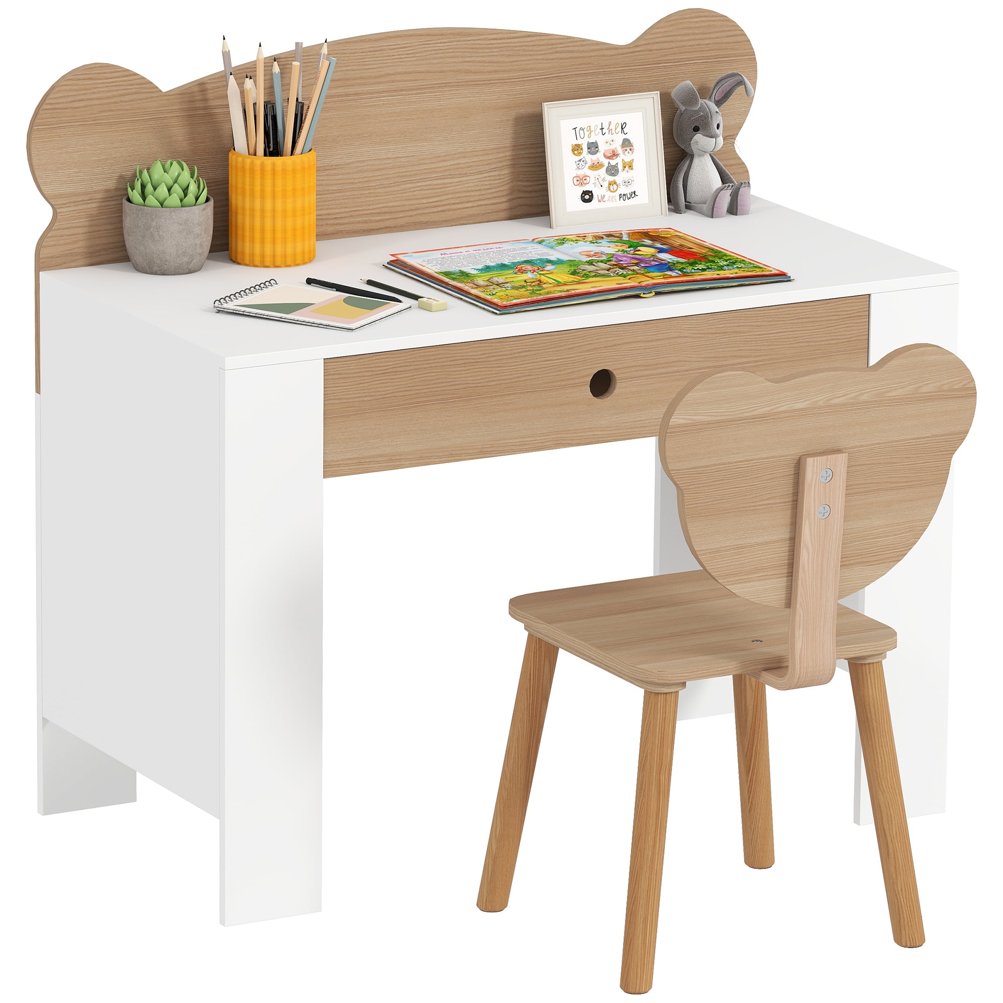 AIYAPLAY Secretária para Crianças com Cadeira em Forma de Ursinho, Branco e Madeira