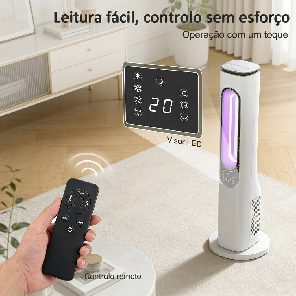 HOMCOM Ventilador de Torre Sem Pás LED Controlo Remoto Branco