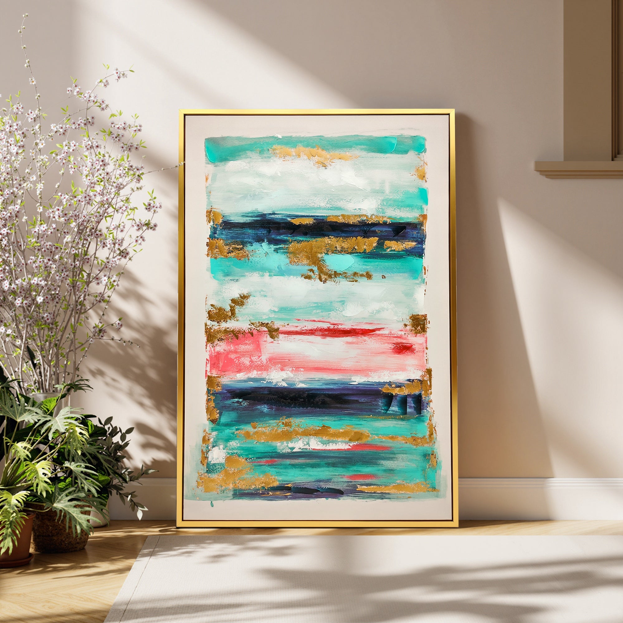 Quadro Abstrato Pintado à Mão 120x80 cm com Moldura de Madeira