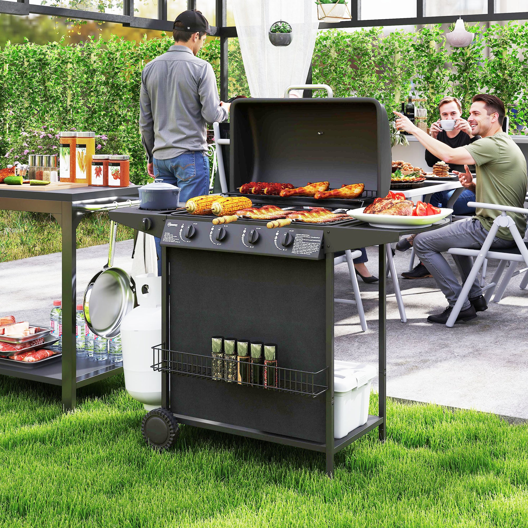 Outsunny Barbecue a Gás 4+1 Queimadores 12 kW Preto