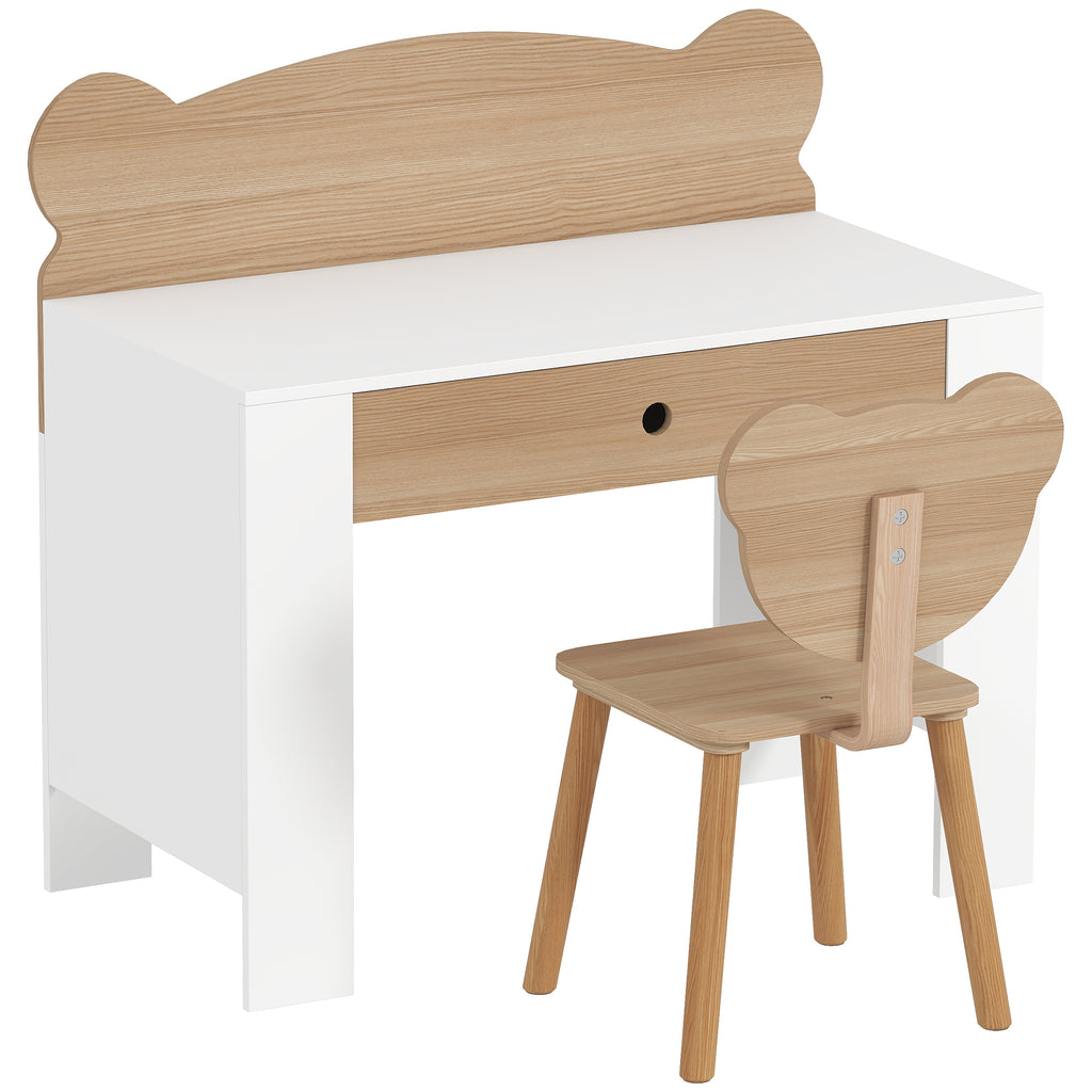 AIYAPLAY Secretária para Crianças com Cadeira em Forma de Ursinho, Branco e Madeira