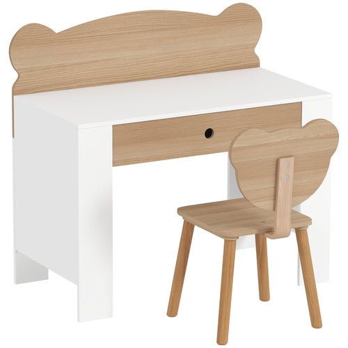 AIYAPLAY Secretária para Crianças com Cadeira em Forma de Ursinho, Branco e Madeira