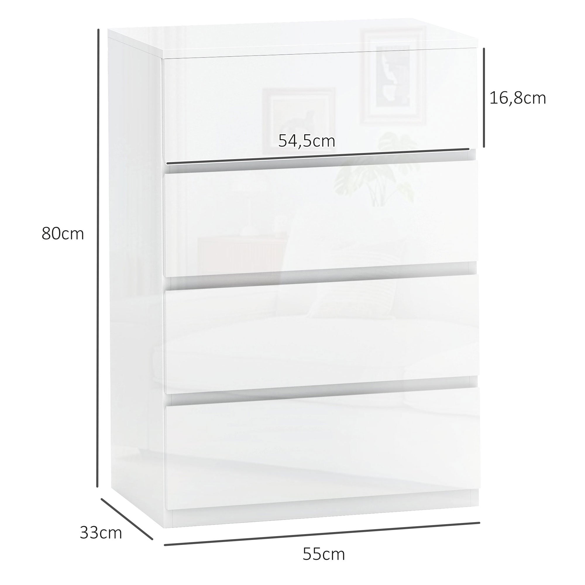 HOMCOM Cómoda 4 Gavetas de Madeira Moderna 55x33x80 cm