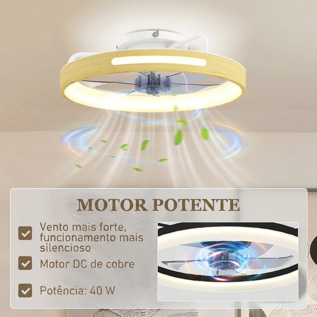 HOMCOM Ventilador de Teto LED 40W Motor DC 6 Velocidades Madeira Natural