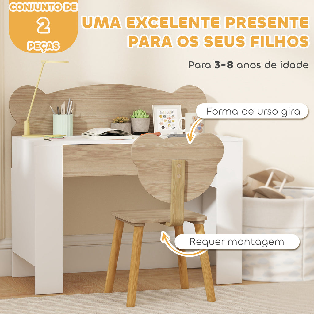 AIYAPLAY Secretária para Crianças com Cadeira em Forma de Ursinho, Branco e Madeira