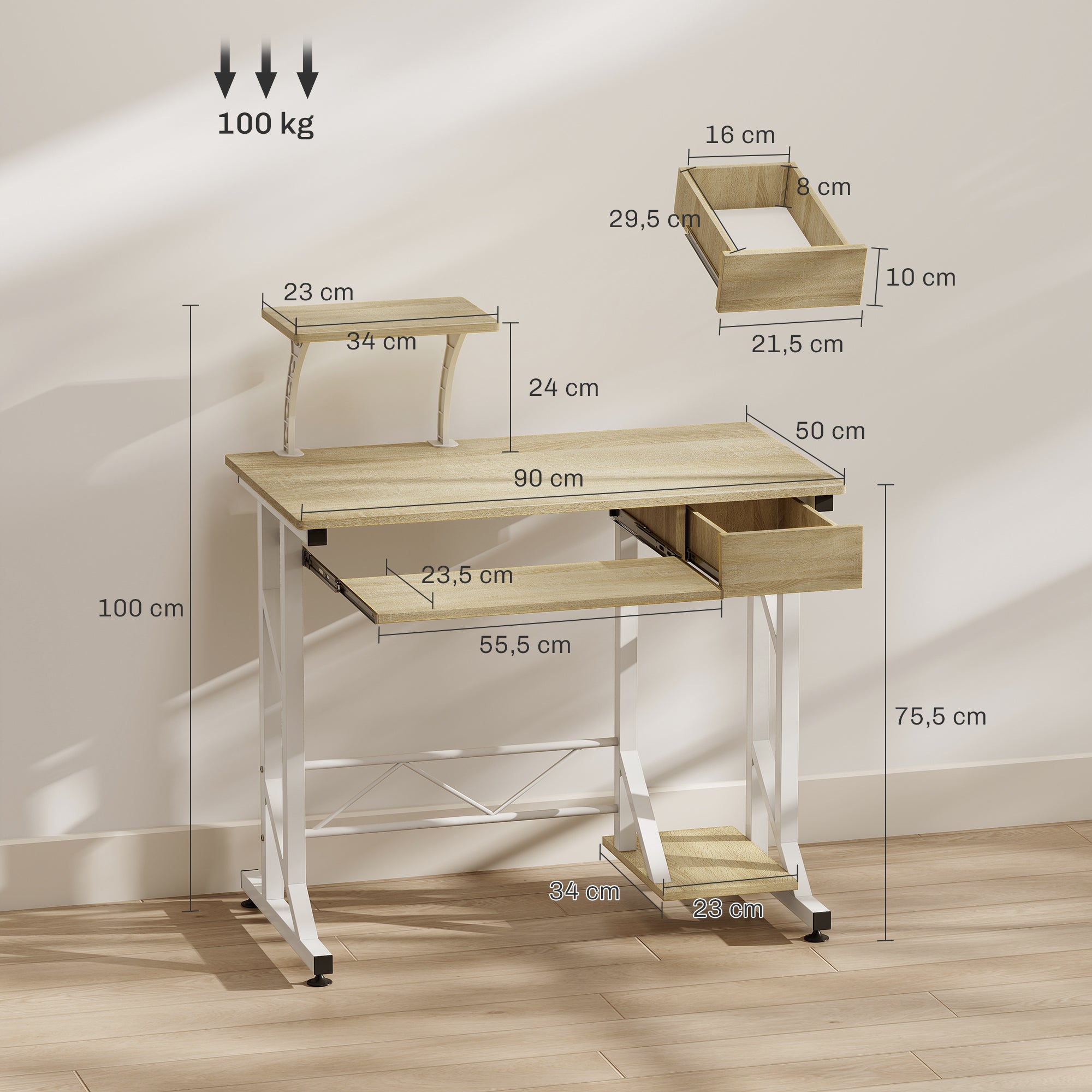 HOMCOM Secretária para Computador com Gaveta e Bandeja, 90x50x100 cm