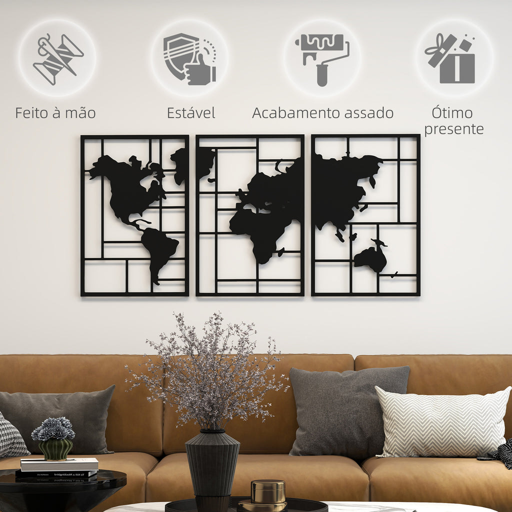 HOMCOM Mapa Múndi Metal Decoração de Parede 3 Peças Preto