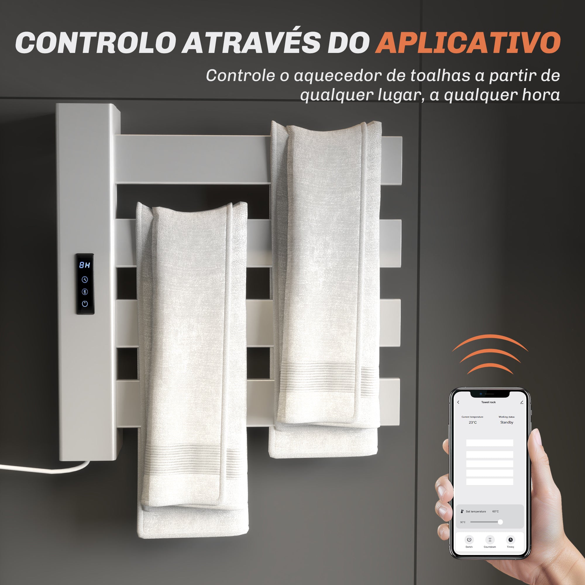 HOMCOM Toalheiro Elétrico de Parede 130W Wi-Fi 4 Barras Branco